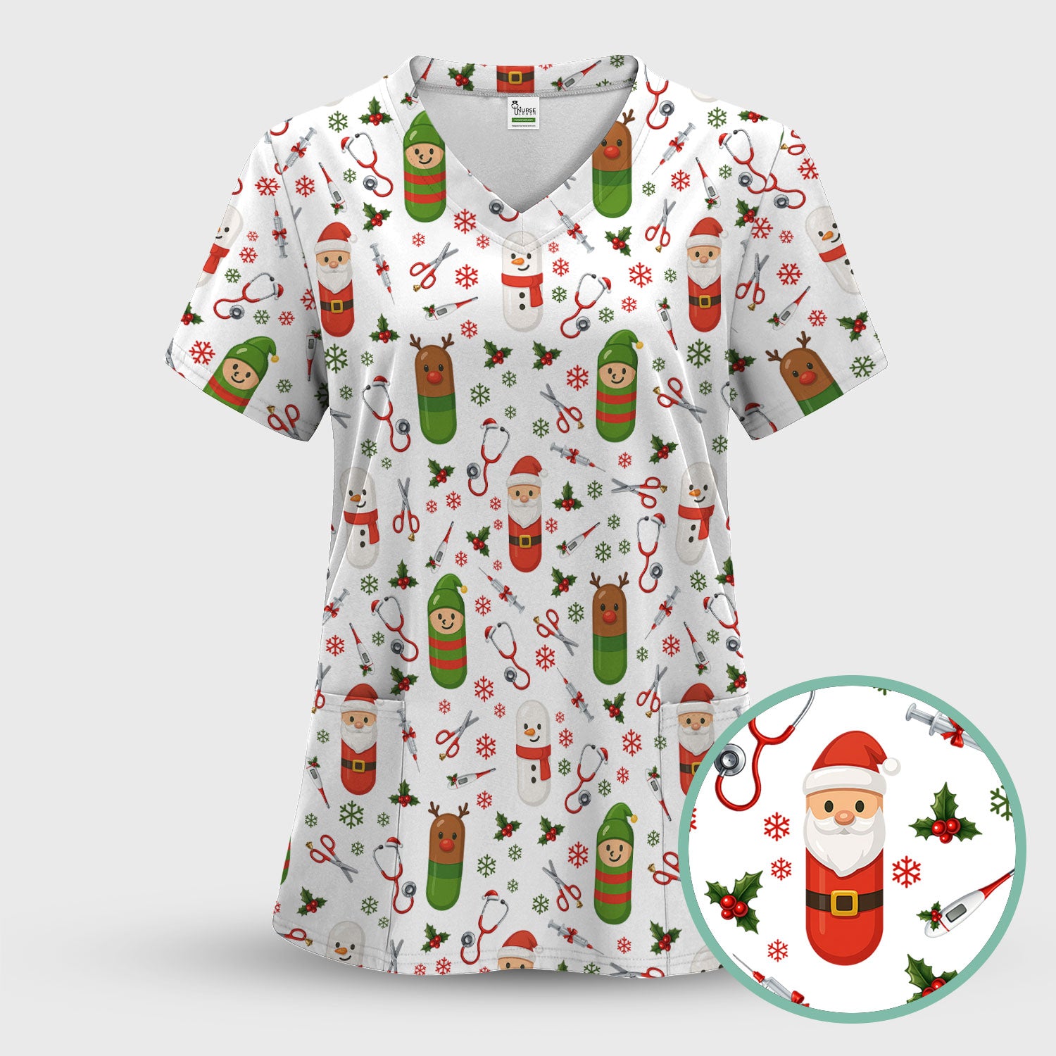 Santa Christmas Scrubs Set - Cute Holiday Pattern with Reindeer and Snowman - Fun Medical Scrub Top and Pants for Women Nurses