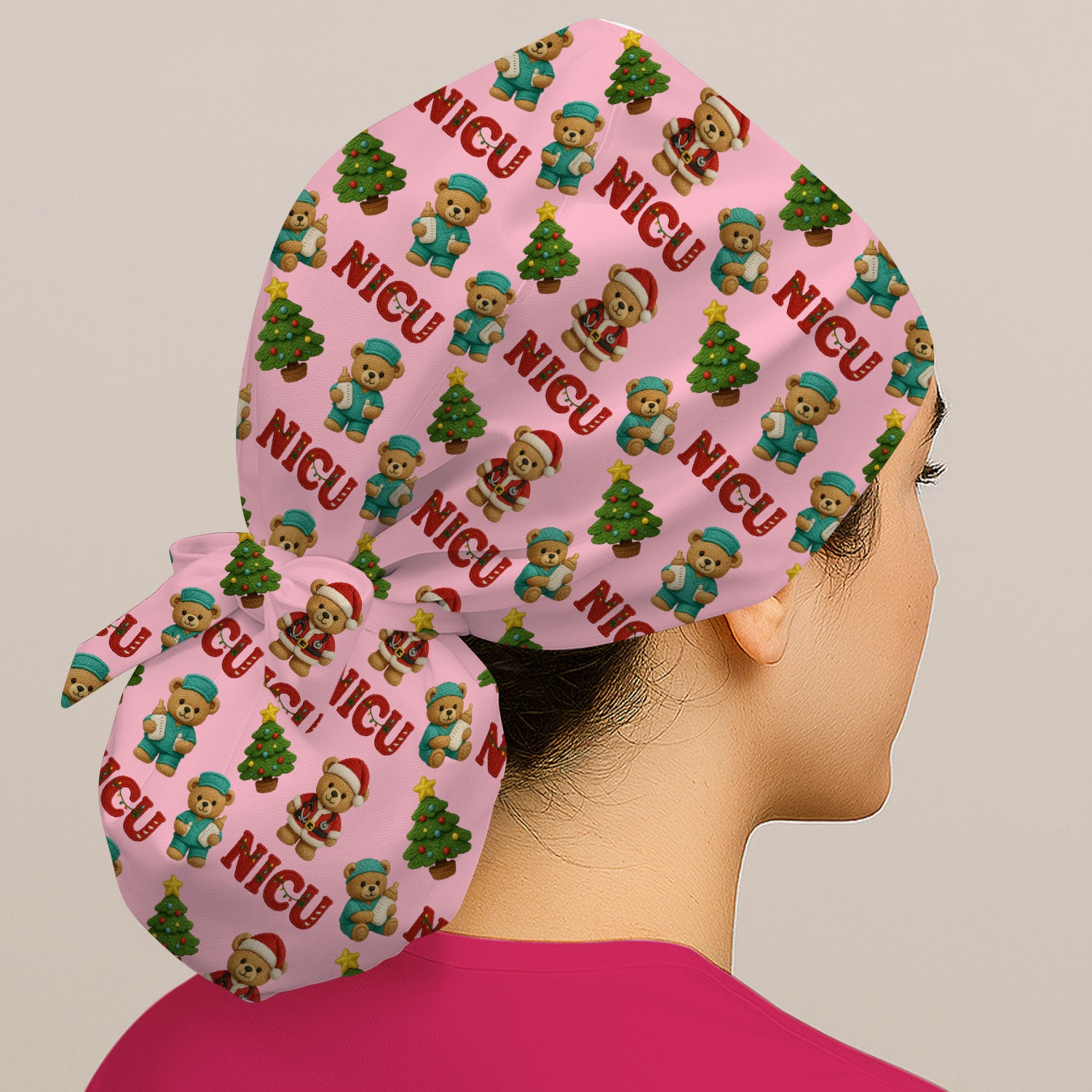 Festive Christmas NICU Nurse Teddy Bear Pattern Print Cap, Bouffant Scrub Caps for Women
