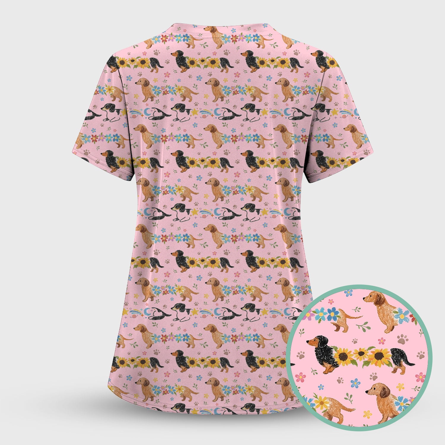 Floral Wiener Dog Pattern Scrub Set, Scrub Pants and V Neck Top