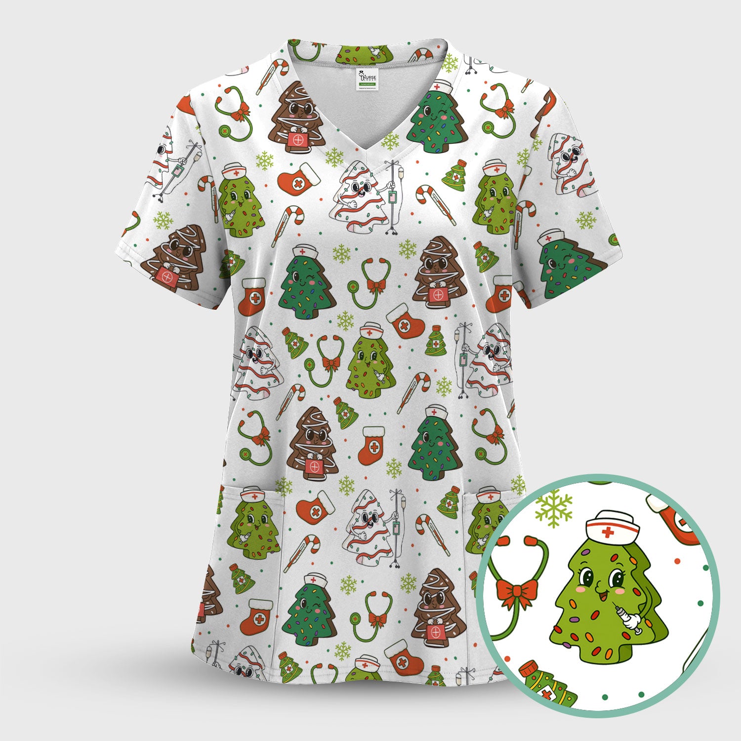 Funny Christmas Nurse Scrub Top - Adorable Tree Pattern Holiday Shirt - Cute Gift for Women RN LPN CNA