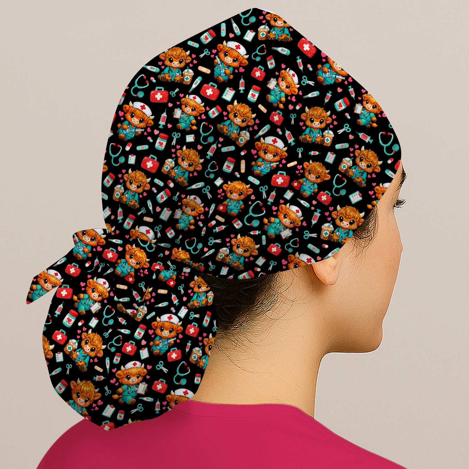 Cute Highland Cow Nurse Scrub Cap, Kawaii Medical Pattern Hat, Breathable Fabrics Nursing Uniform
