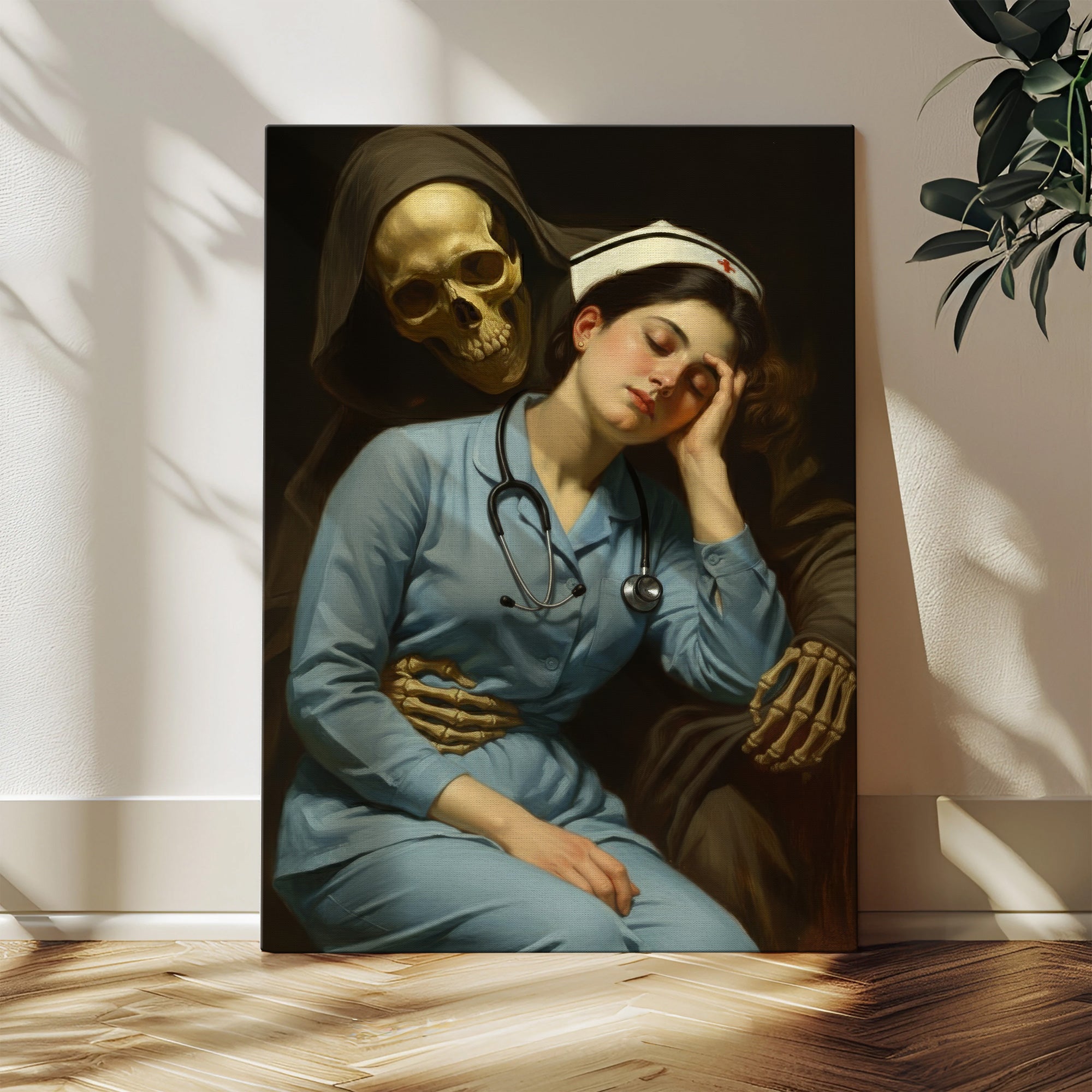Funny Gothic Nurse and Grim Reaper Canvas, Dark Humor Classic Art Style Wall Decor, RN LPN CNA Gift