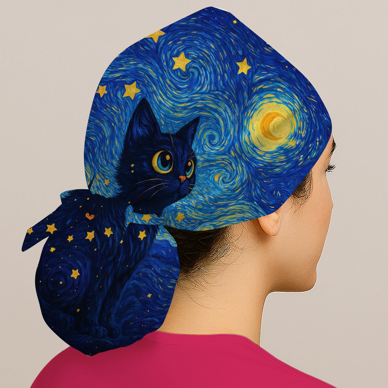 Black Cat Starry Night Pattern Print Surgical Cap, Breathable Fabrics Caps Uniform