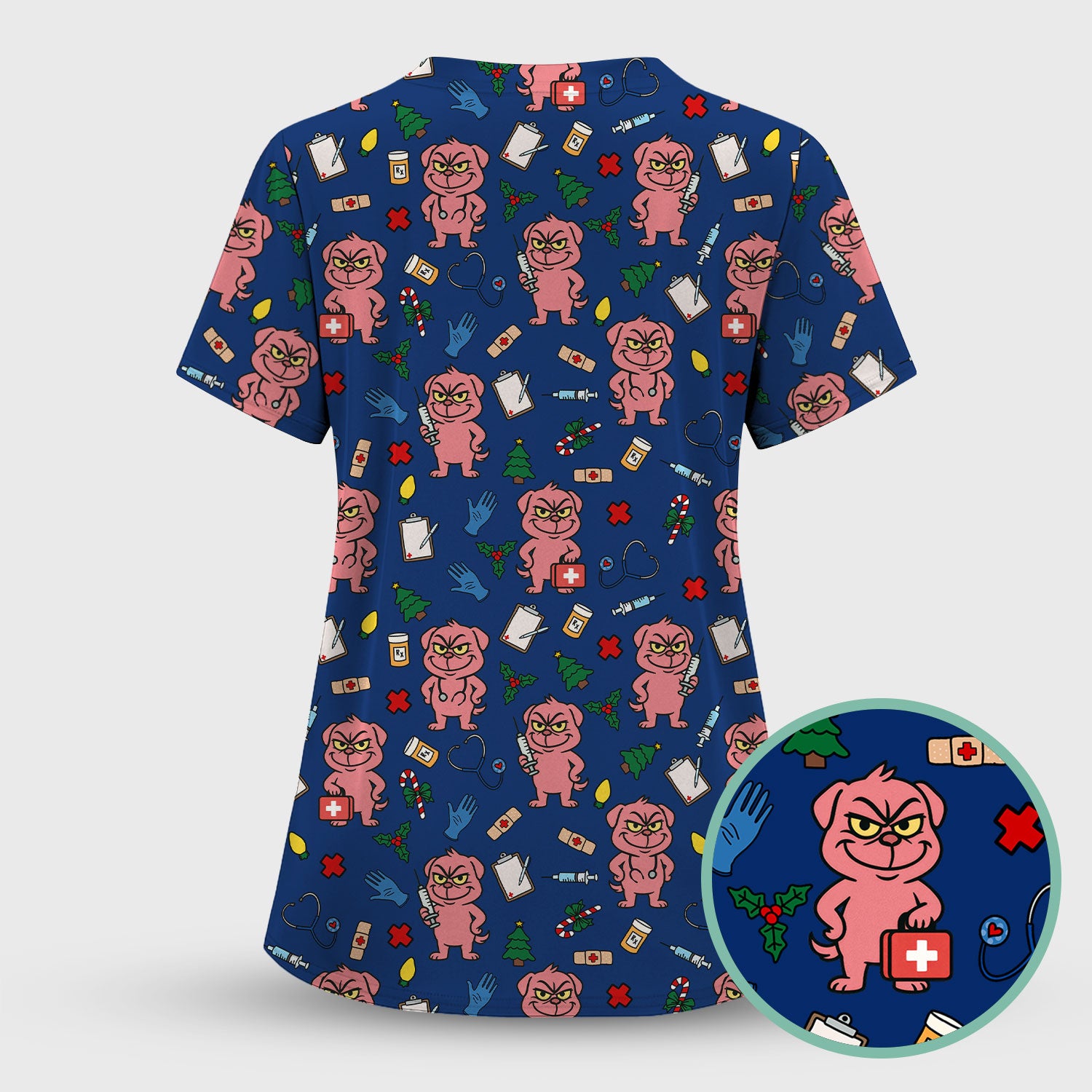 Christmas Scrub Set for Nurses - Funny Pink Dog Pattern - Holiday Nurse Scrubs with Tree, Bandage and Stethoscope Print
