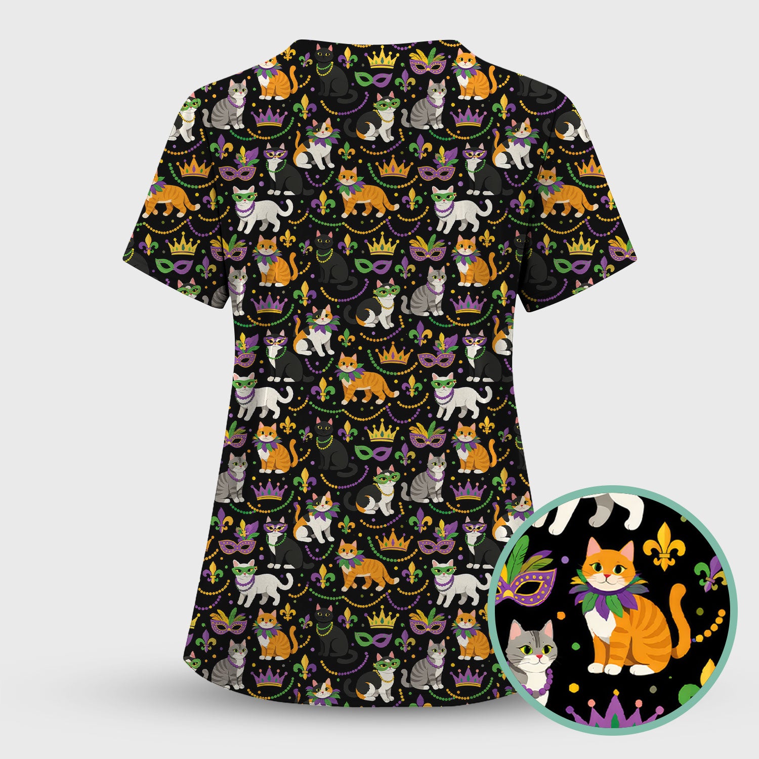 Cat Mardi Gras Nurse Scrub Top, Comfortable Uniform Scrubs For Nursing