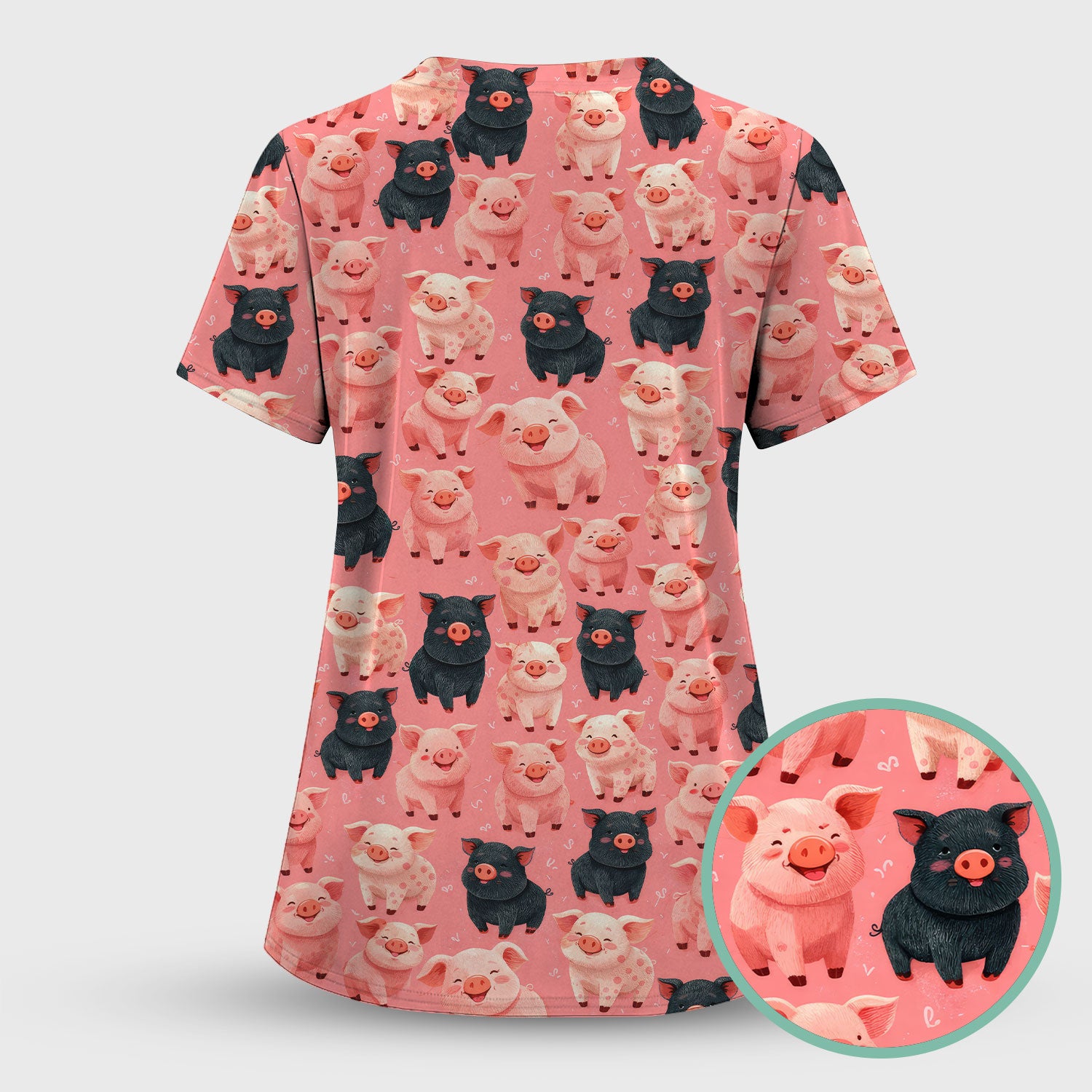 Cartoon Pig Print Scrub Top, Comfortable Medical Scrubs for Nurses