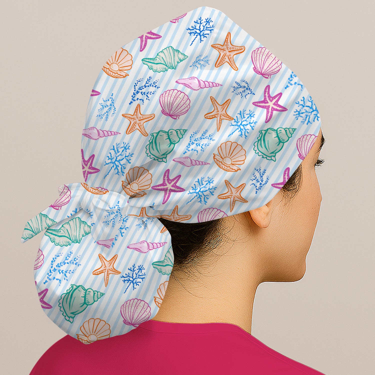Colorful Seashell Starfish Ocean Stripe Pattern Cap, Bouffant Scrub Caps for Women