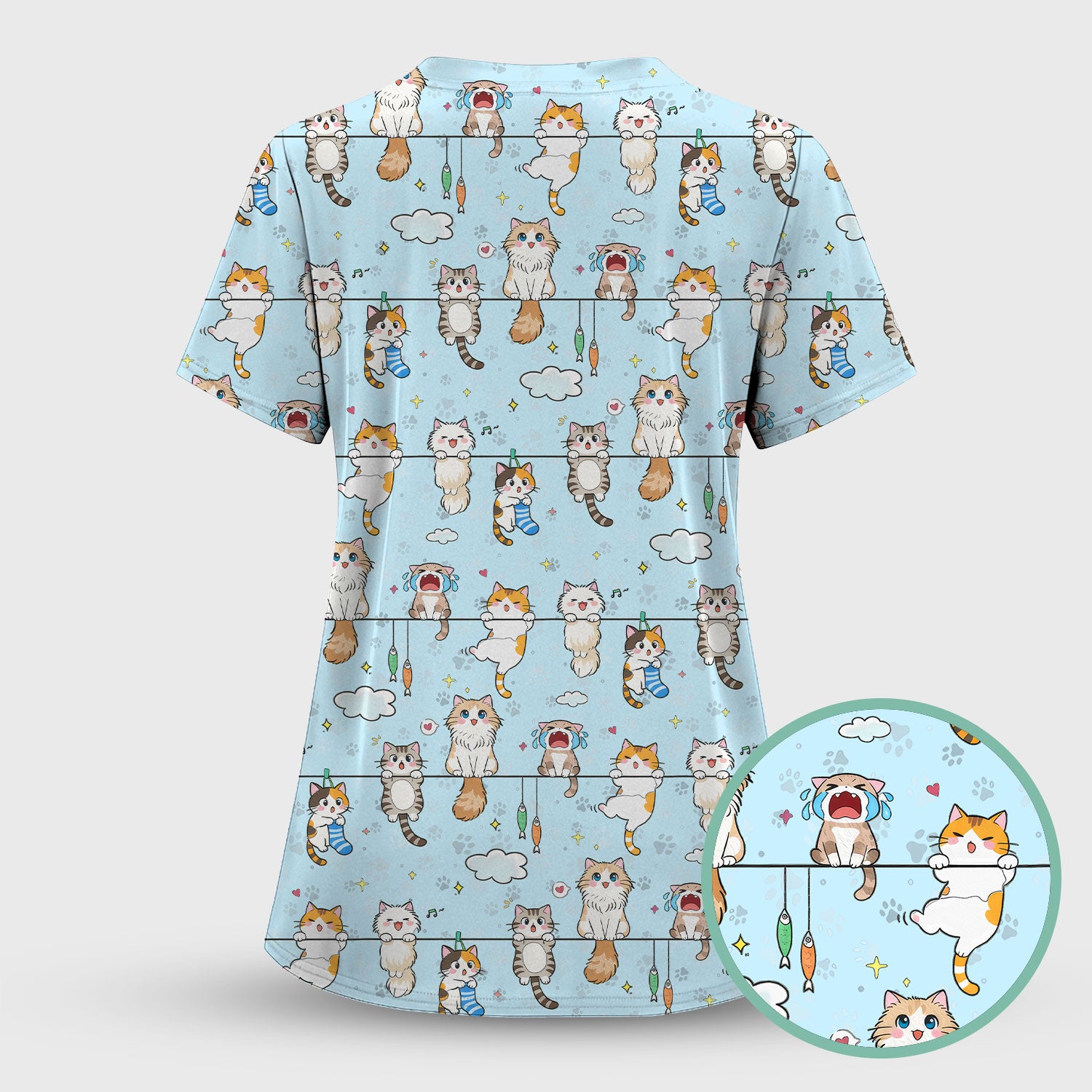 Funny Cats With Cute Expressions Pattern Scrubs Top, Comfortable Scrubs for Nurses
