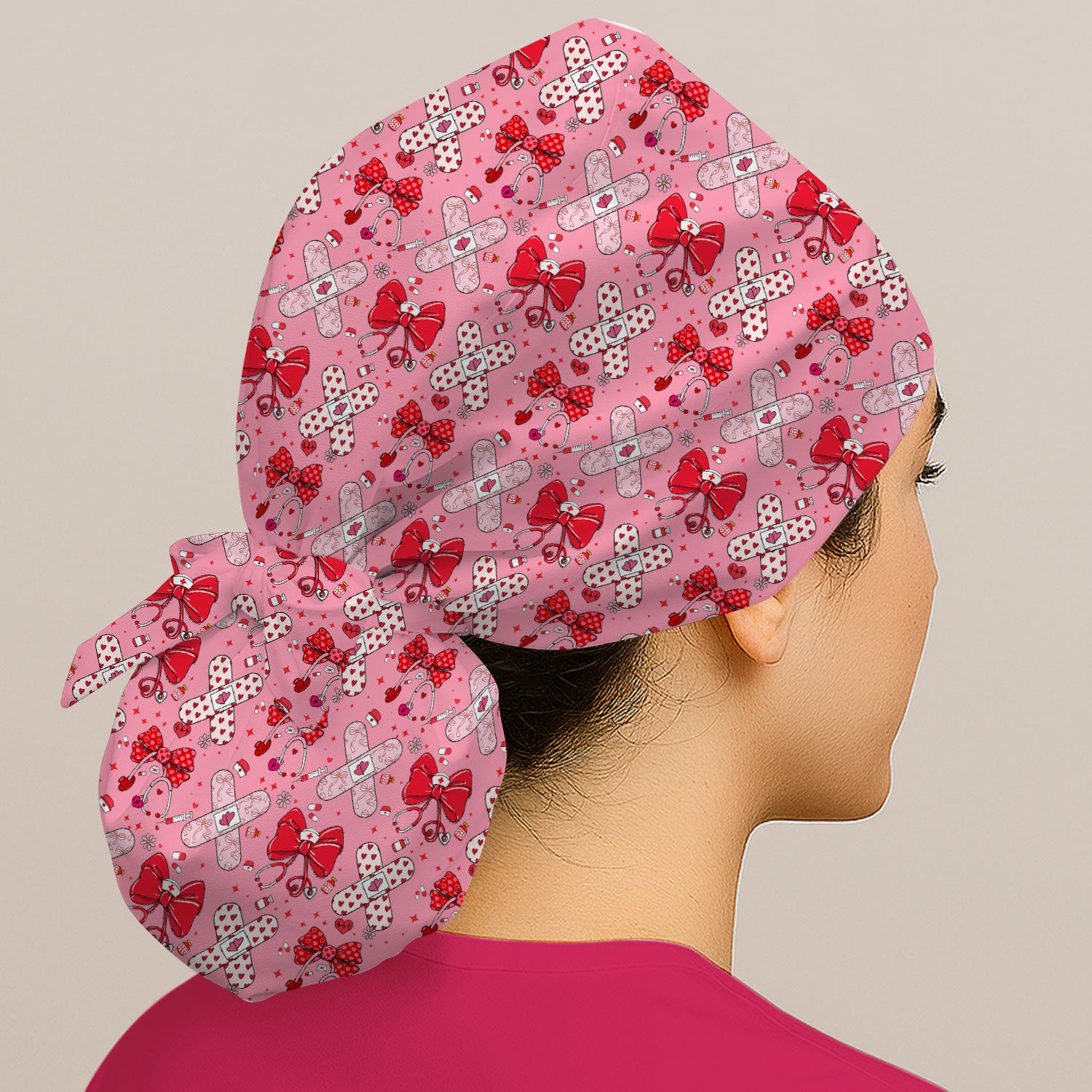 Valentine Nurse Scrub Cap, Red Bow And Heart Bandage Pattern Medical Hat, Breathable Fabrics Nursing Uniform