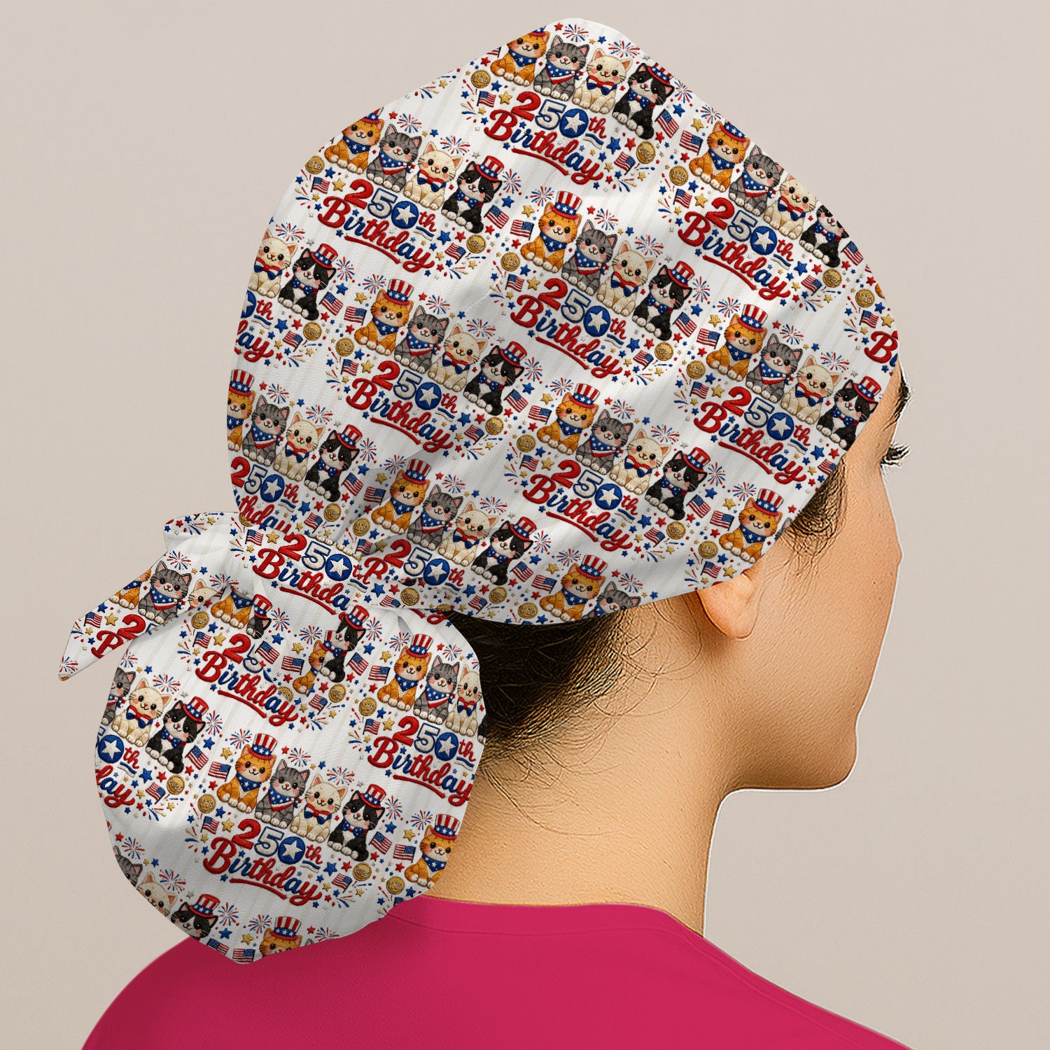 America 250th Anniversary Cat Pattern Surgical Cap, Breathable Fabrics Caps Uniform