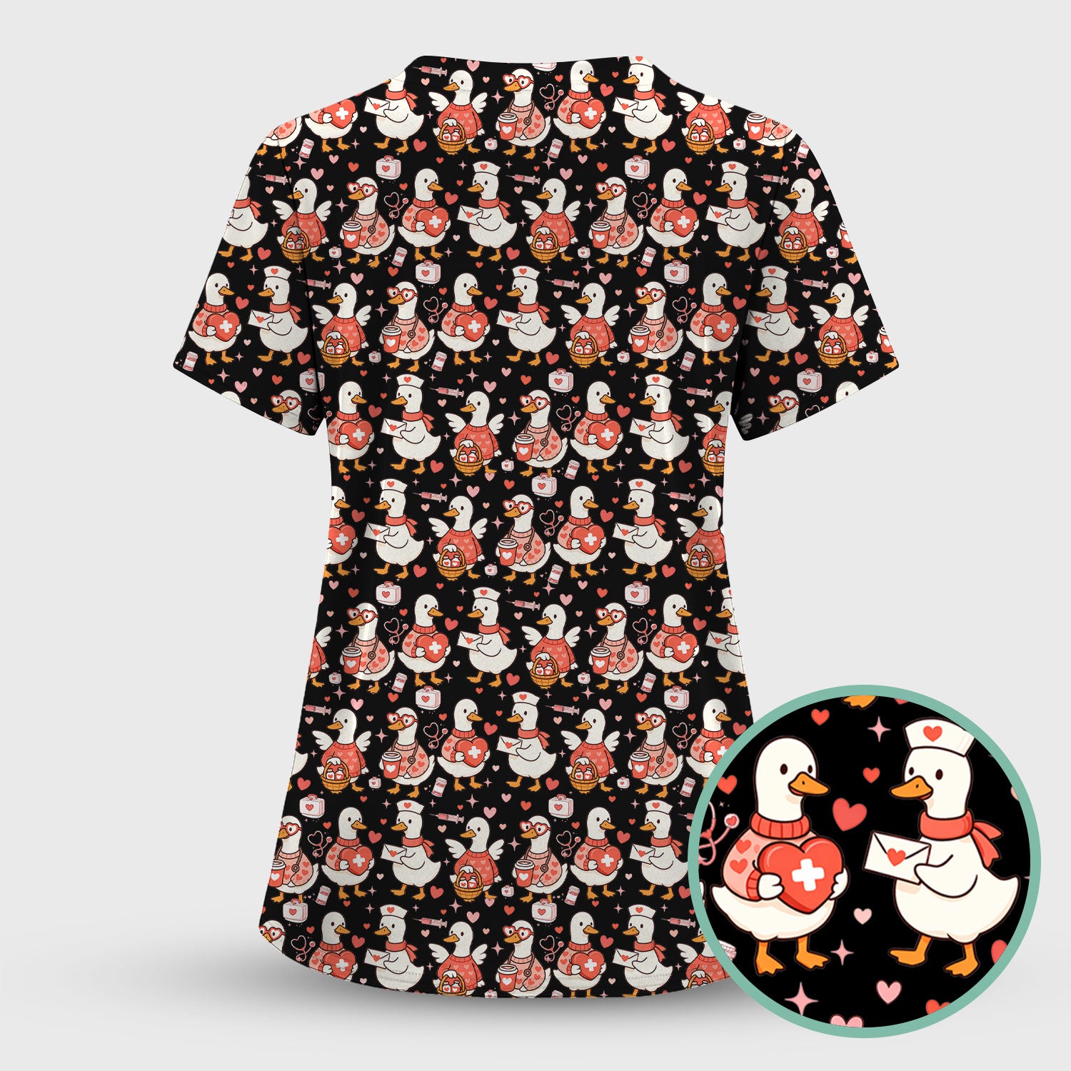 Valentine Goose Nurse Scrub Top, Heart Medical Pattern Nurse Shirt, Breathable Fabrics Nursing Uniform