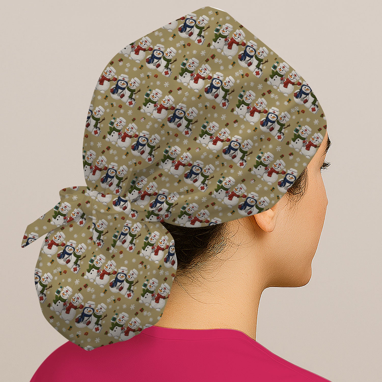 Cute Christmas Snowman Nurse Pattern Print Cap, Bouffant Scrub Caps for Women