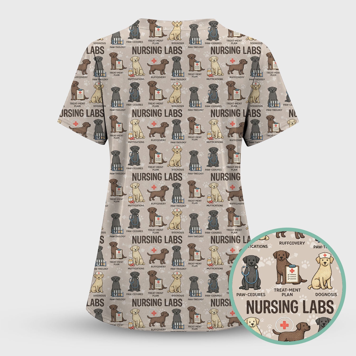 Playful Nursing Labs Dog Pattern Scrub Top, Comfortable Scrubs for Nurses