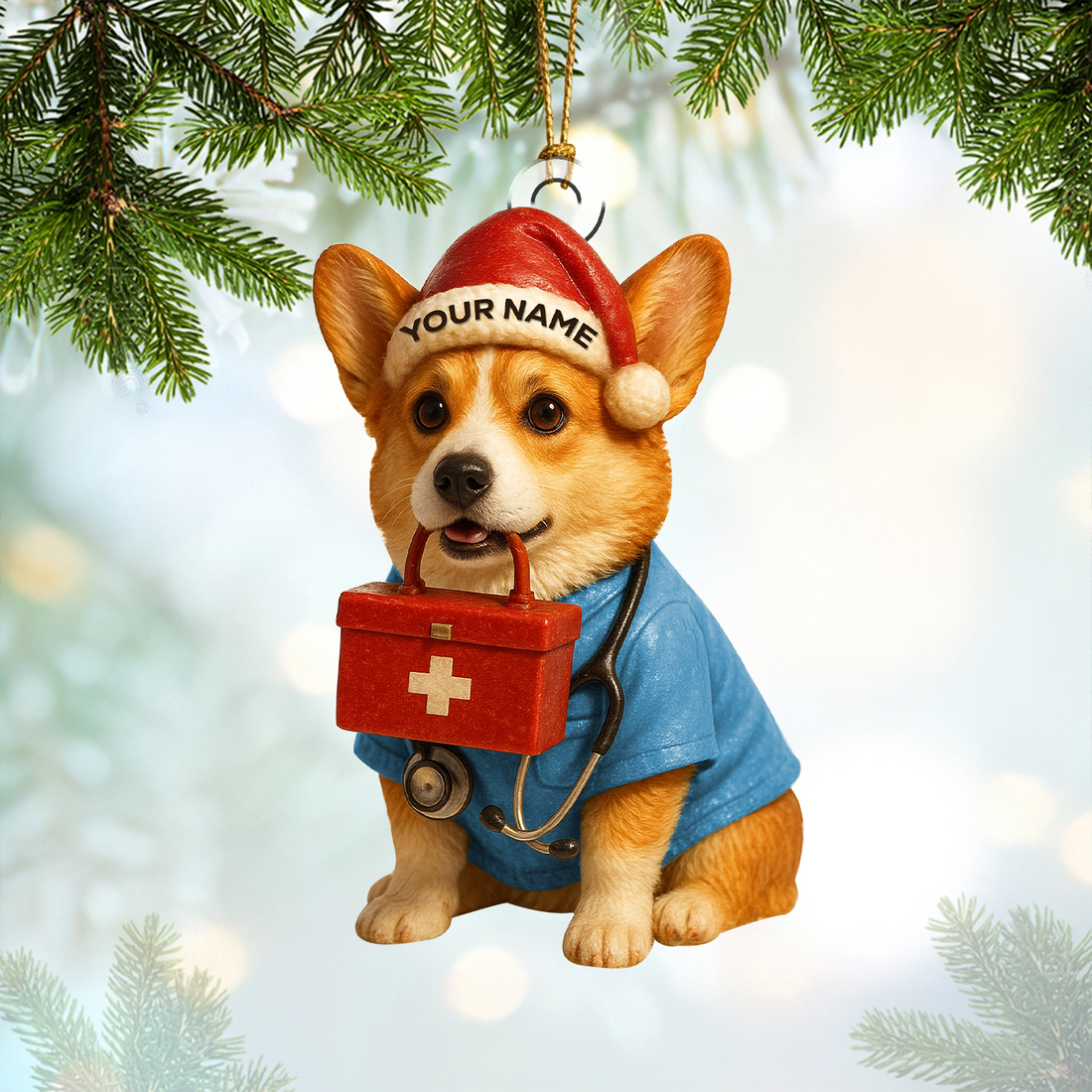 Personalized Corgi Nurse Christmas Ornament, Custom Name Dog Lover Ornament, Cute RN Holiday Gift for Healthcare Workers