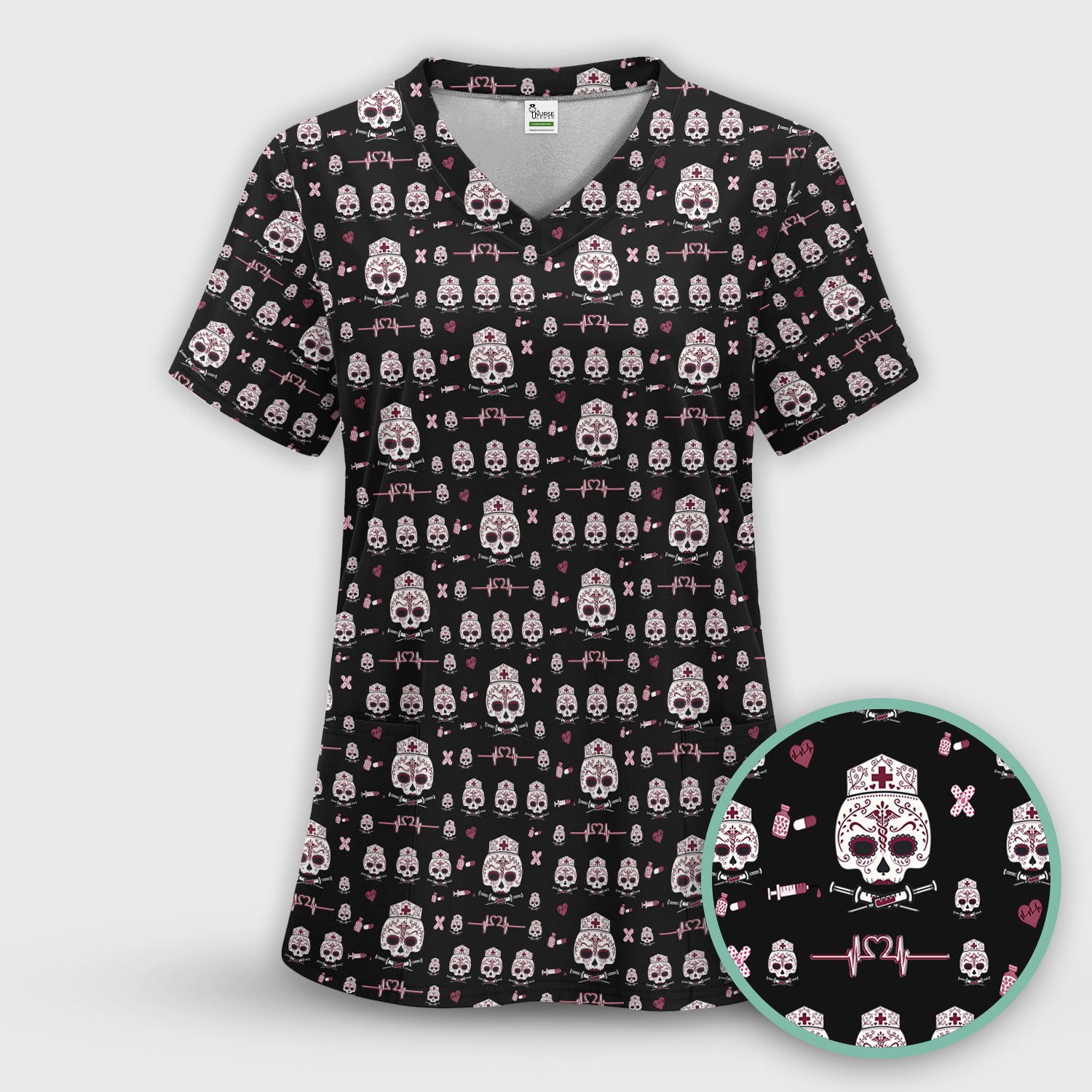Sugar Skull Scrub Top, Skull Pattern Scrub Shirt, Breathable Fabrics Nursing Uniform
