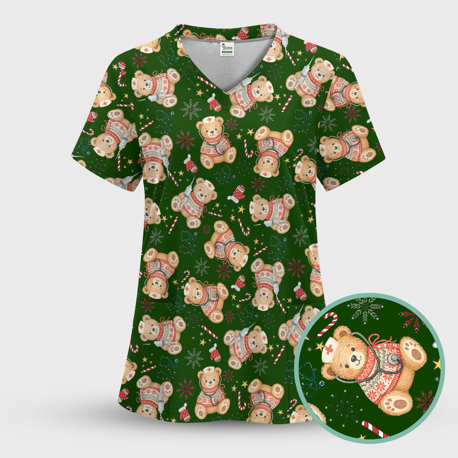 Holiday Teddy Bear Christmas Nurse Scrub - Cute Festive Medical Shirt for Women - Nursing Uniform Gift RN LPN CNA