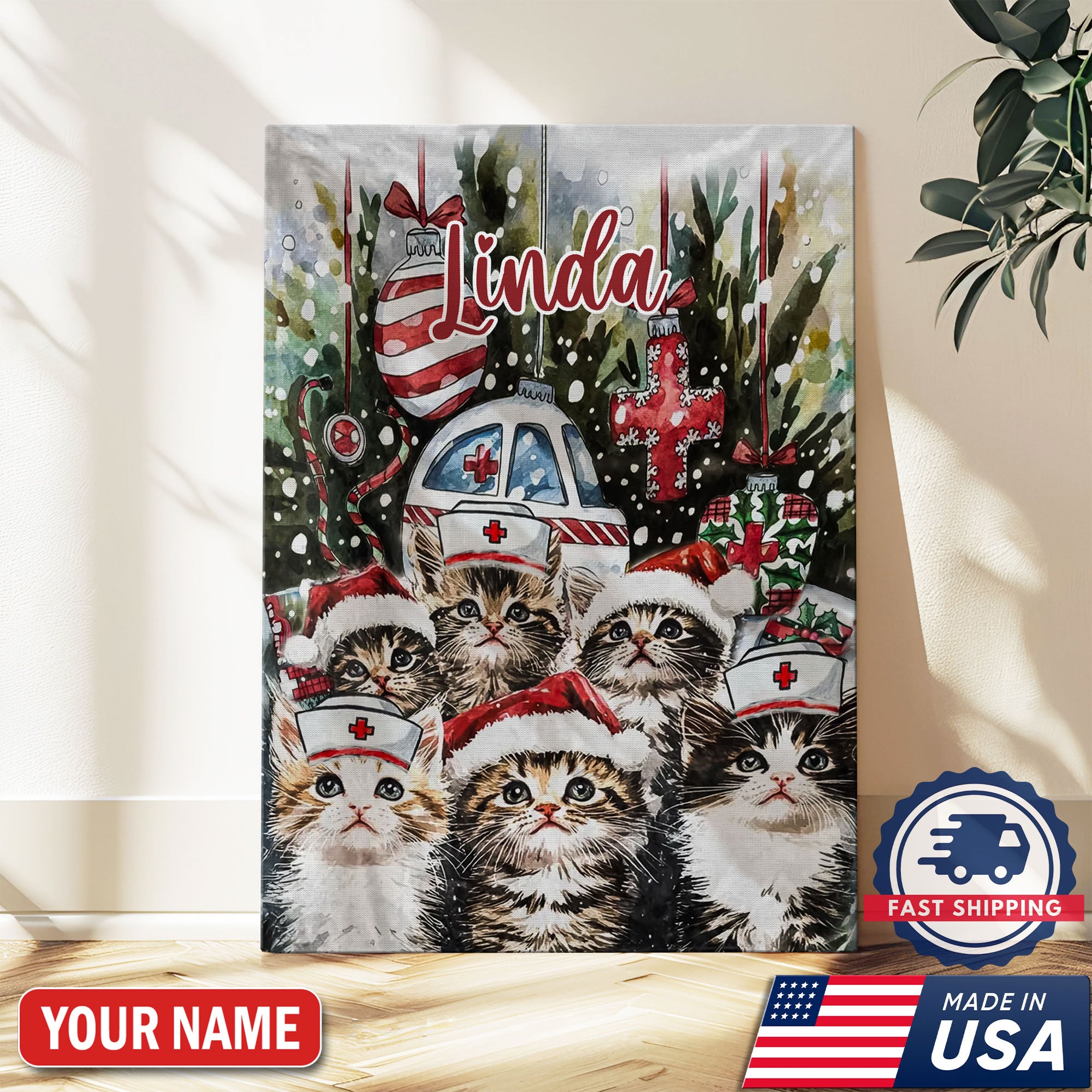Personalized Nurse Cat Christmas Canvas, Custom Name Nurse Wall Art, Cute Holiday Gift For RN And Cat Lovers