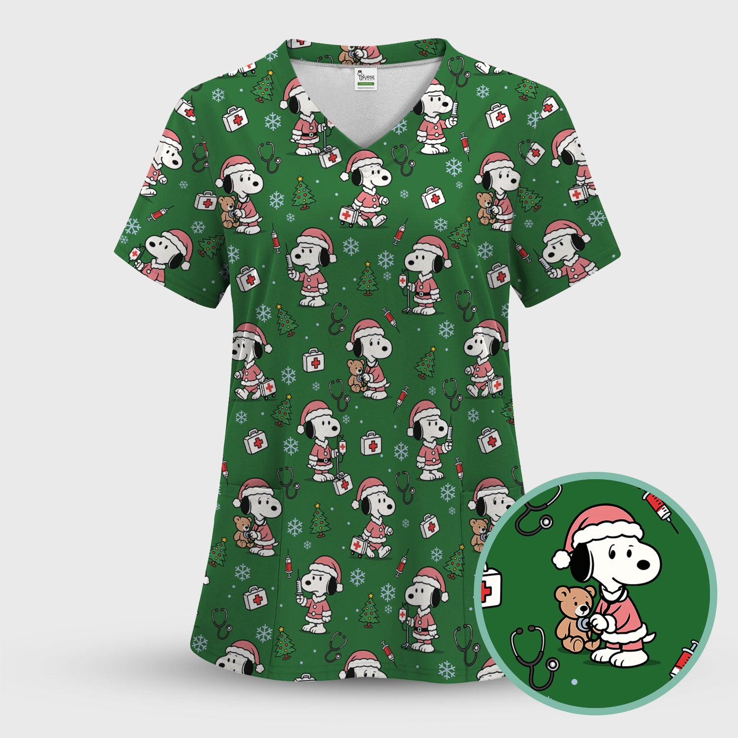 Snoopy Christmas Nurse Scrub Top for Women - Cute Cartoon Holiday Medical Uniform with Pockets - Nursing Gift for RN CNA LPN