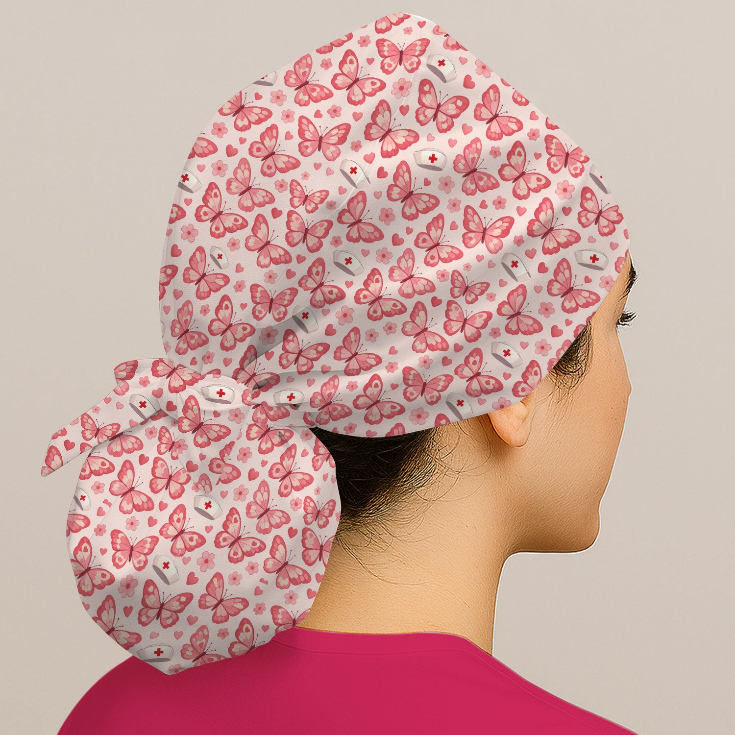 Valentine Butterfly Pattern Nurse Scrub Cap, Pink Heart Medical Hat For Women, Breathable Fabrics Nursing Uniform
