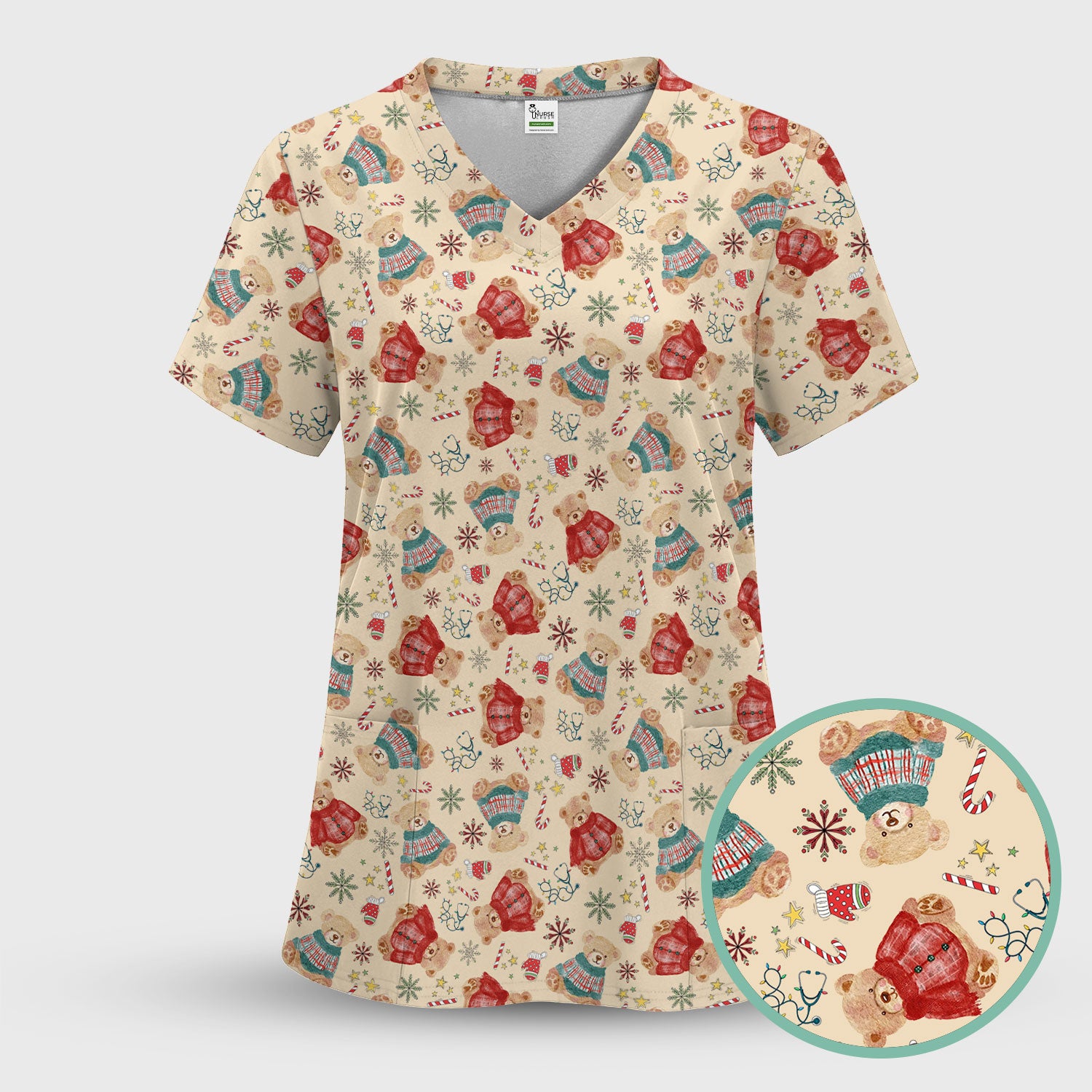 Christmas Bear Scrub Top - Cute Holiday Teddy Print Scrubs for Nurses - Funny Xmas Medical Scrub Shirt Gift for Women CNA RN