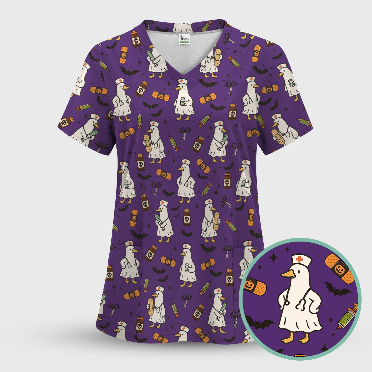 Goose Halloween Nurse Scrub Set - Quirky Duck Medical Pattern - Funny Spooky Nursing Outfit Gift for Women RN LPN CNA
