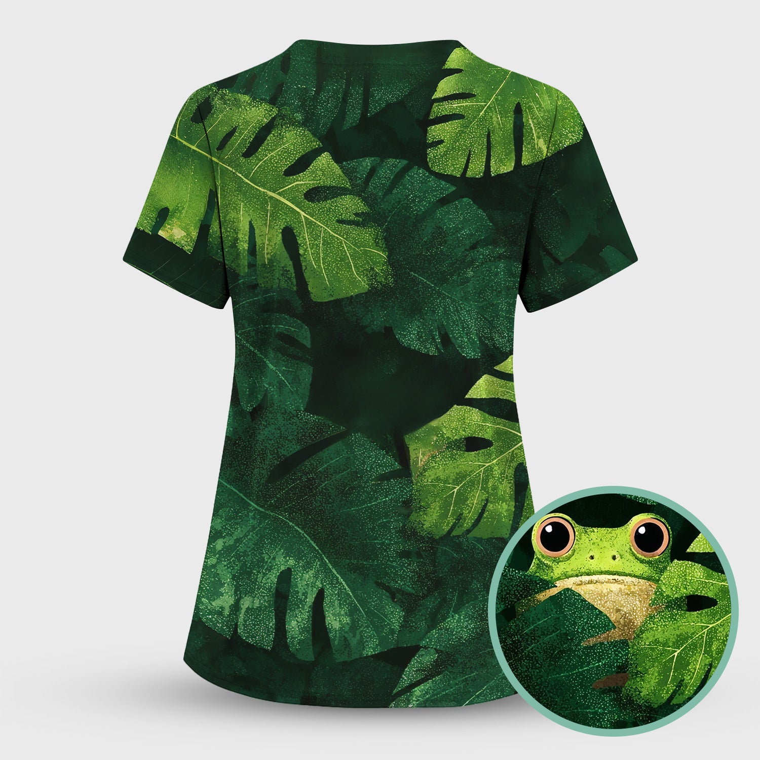 Cute Frog Hiding Jungle Leaves Pattern Nurse Scrub Top, Breathable Fabrics Nursing Uniform