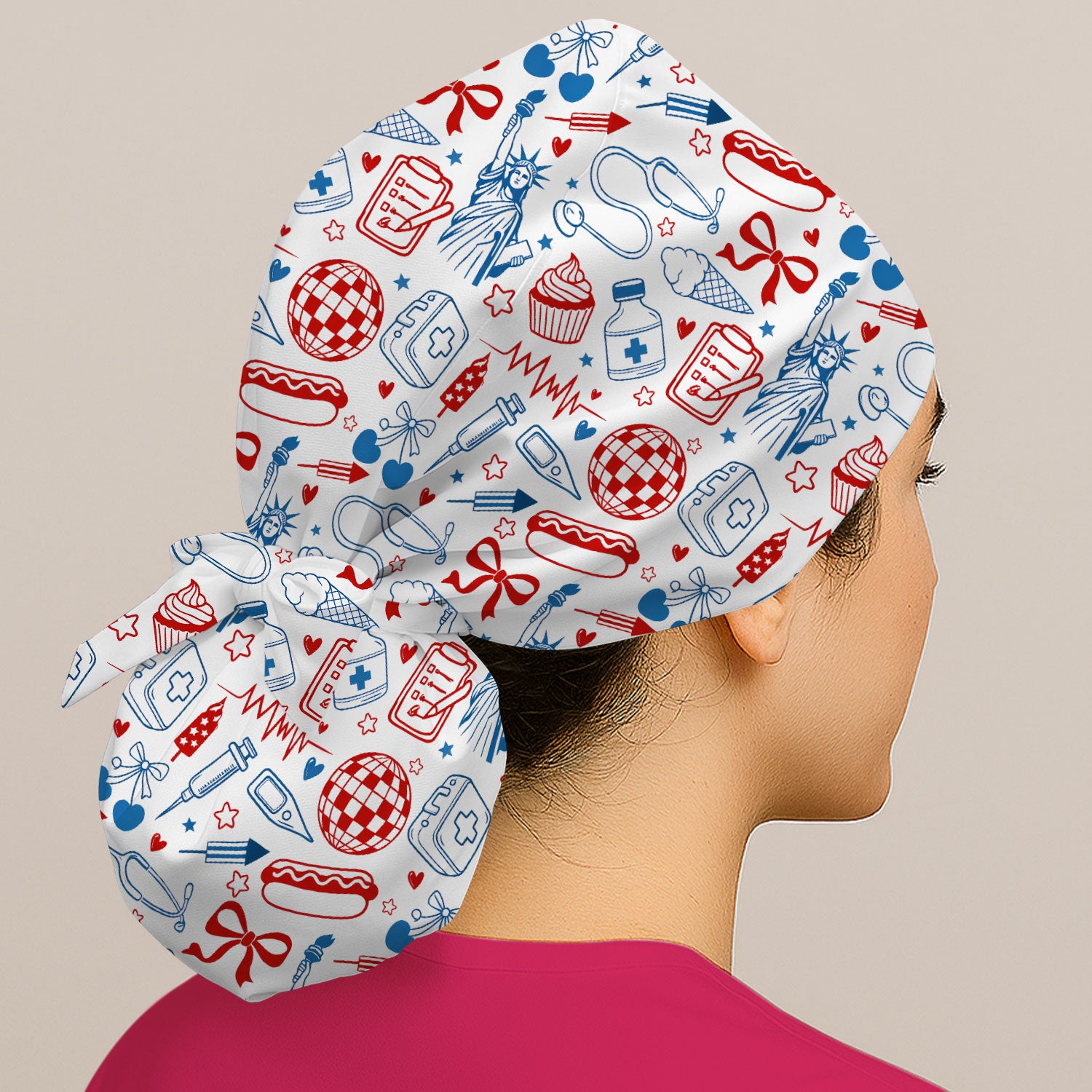 Patriotic Nurse Medical Icons Pattern Print Cap, Bouffant Scrub Caps for Women