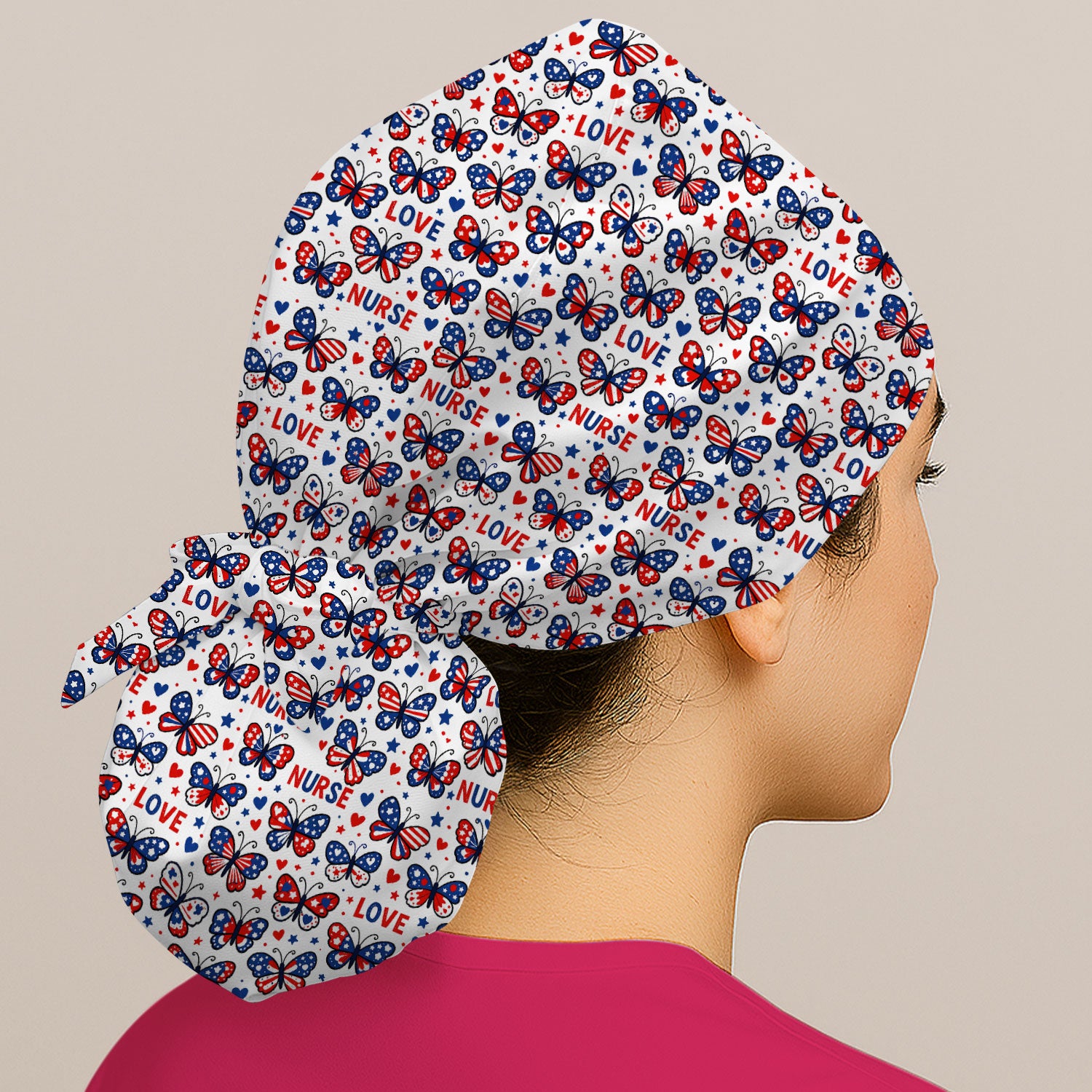 USA Patriotic Butterfly Nurse Scrub Cap, Comfortable Uniform Scrubs For Nursing
