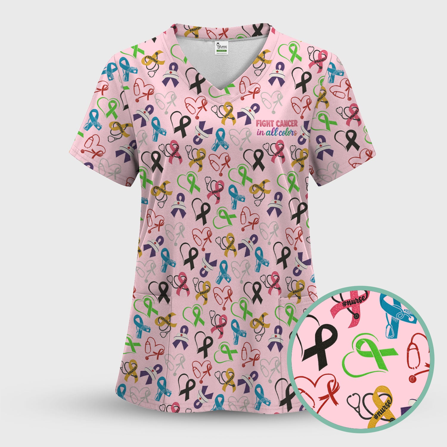 Fight Cancer Scrub Top - Colorful Awareness Ribbon Nurse Shirt - Support Cancer Awareness Medical Scrubs with Pockets for Women CNA RN Doctor