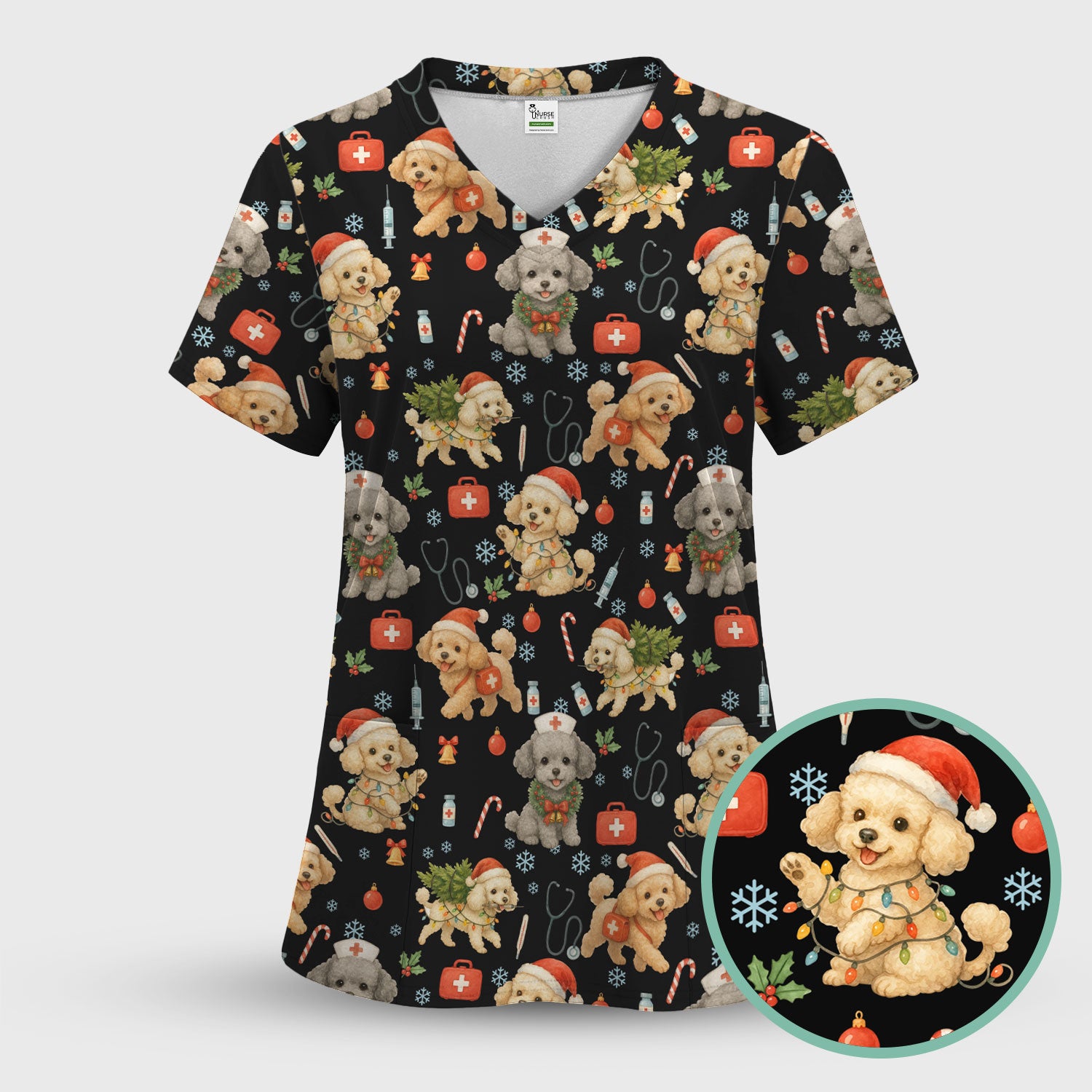 Cute Christmas Dog Scrub Top - Puppy Nurse Shirt Santa Hat Print - Holiday Medical Scrubs Gift for Women CNA RN Doctor