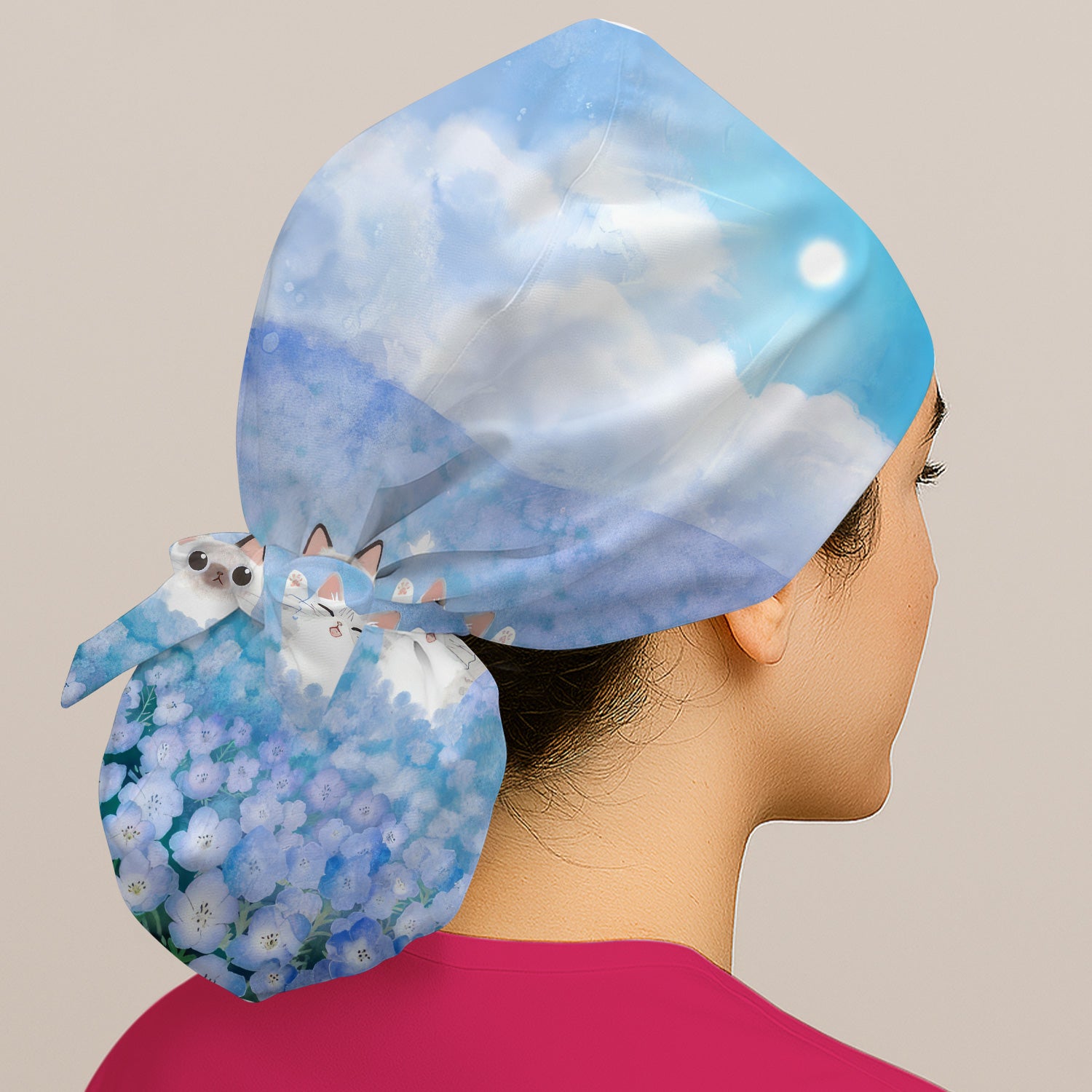 Dreamy Cat Cloud Hydrangea Sky Pattern Scrub Cap, Surgical Caps for Doctors