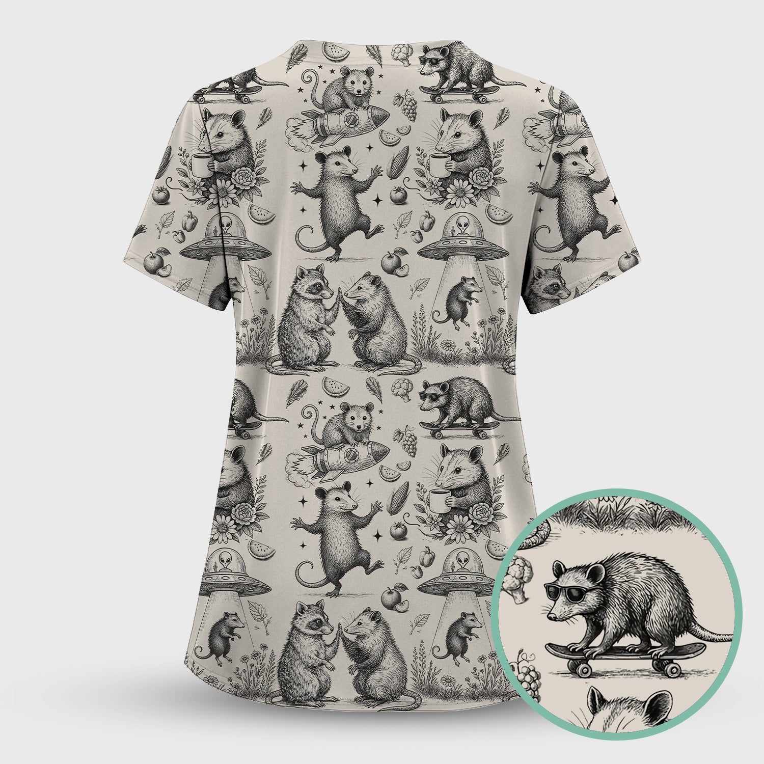 Funny Nurse Vintage Possum Raccoon High Five UFO Pattern Scrub Top, Breathable Fabrics Nursing Uniform
