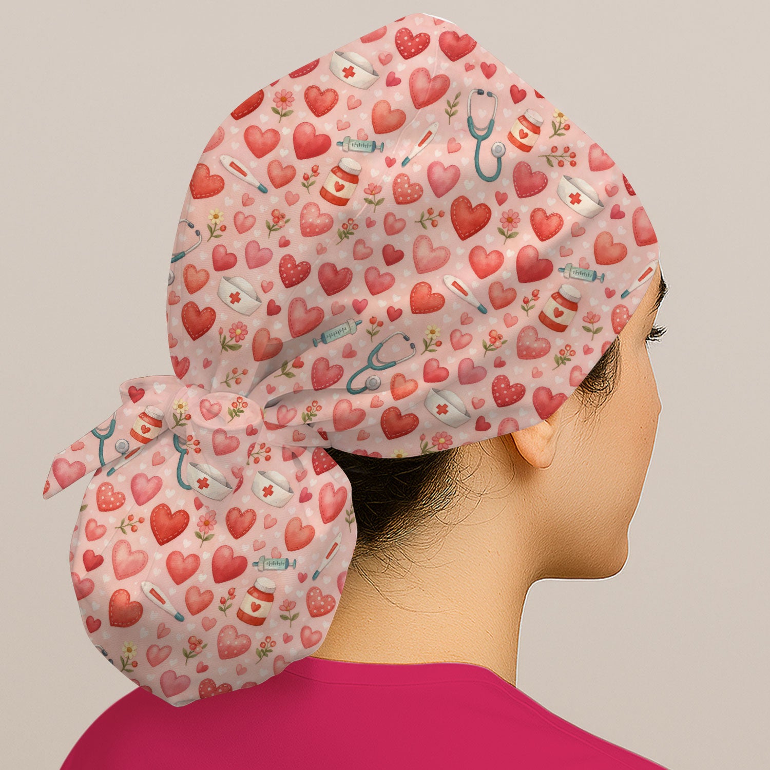Cute Medical Heart Pattern Scrub Cap, Valentine Nurse Scrub Hat, Breathable Fabrics Nursing Uniform