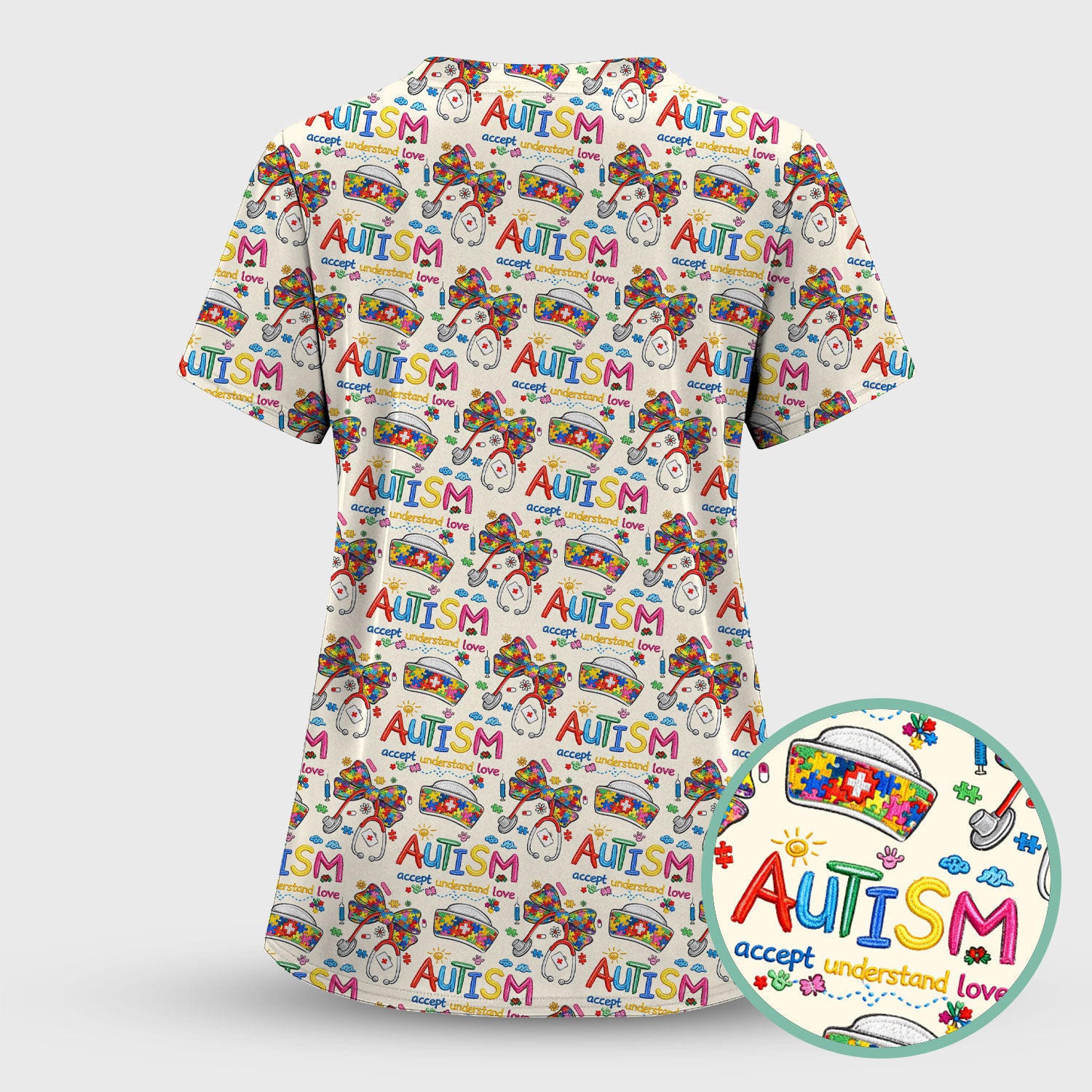 Autism Awareness Pattern Nurse Scrub Top, Accept Understand Love Puzzle Nurses Shirt, Breathable Fabrics Nursing Uniform