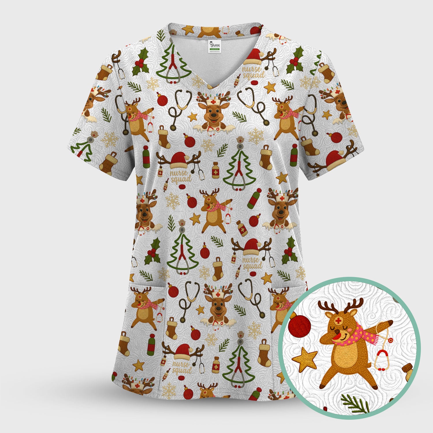 Funny Xmas Scrub Shirt - Cute Reindeer Holiday Scrub Top - Christmas Medical Scrubs Gift for Women CNA RN Doctor Nurse Tech Staff Hospital Team