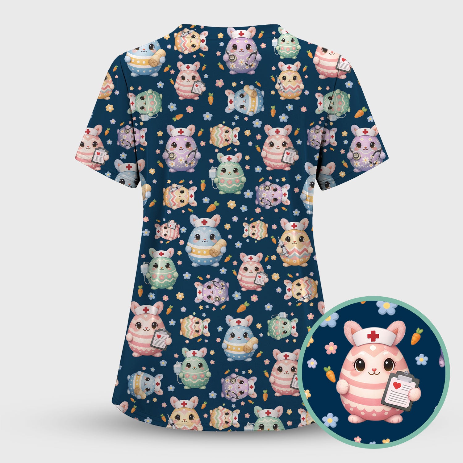 Cute Nurse Bunny Pastel Floral Print Scrubs, Breathable Fabrics Nursing Uniform, Easter