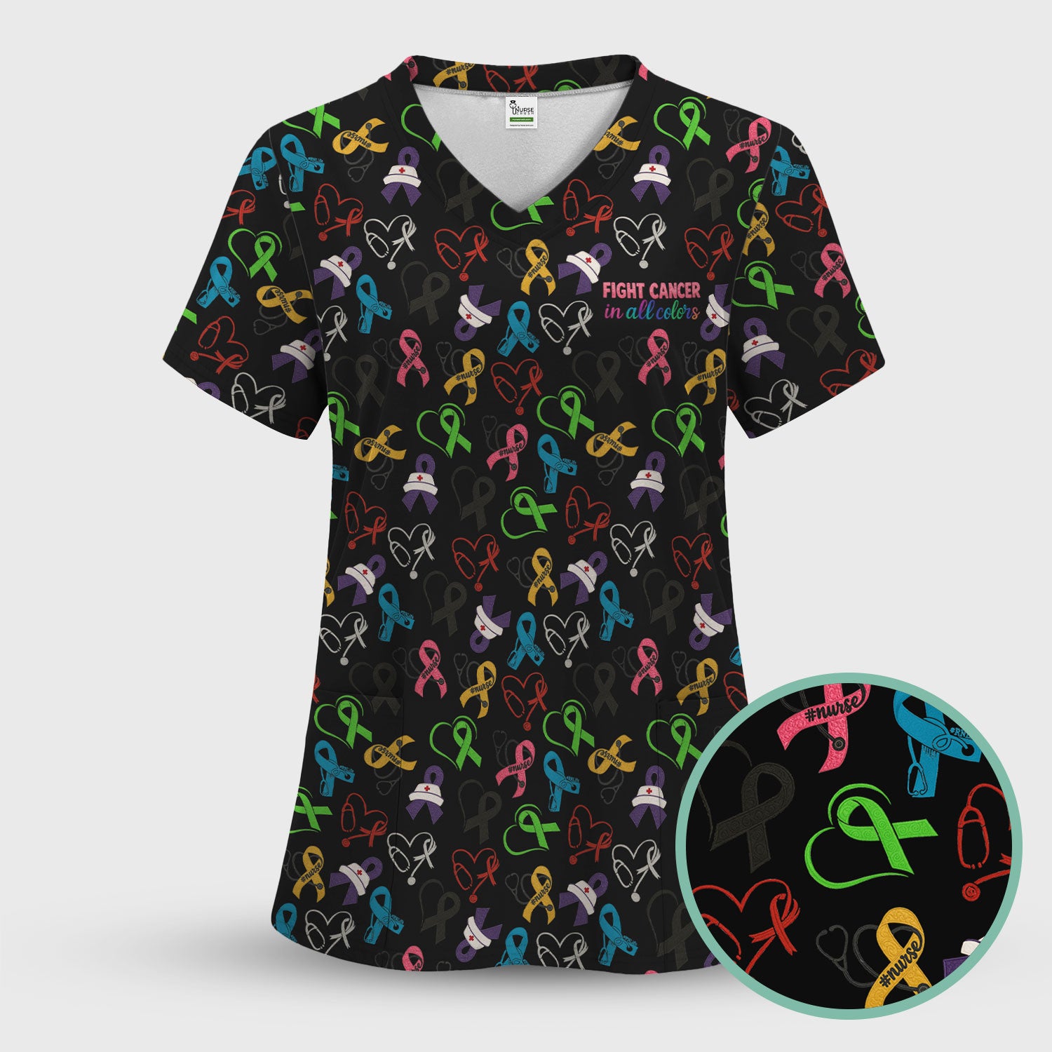 Cancer Awareness Scrub Top - Fight Cancer In All Colors Nurse Shirt - Colorful Ribbon Medical Scrubs Gift with Pockets for Women CNA RN Doctor