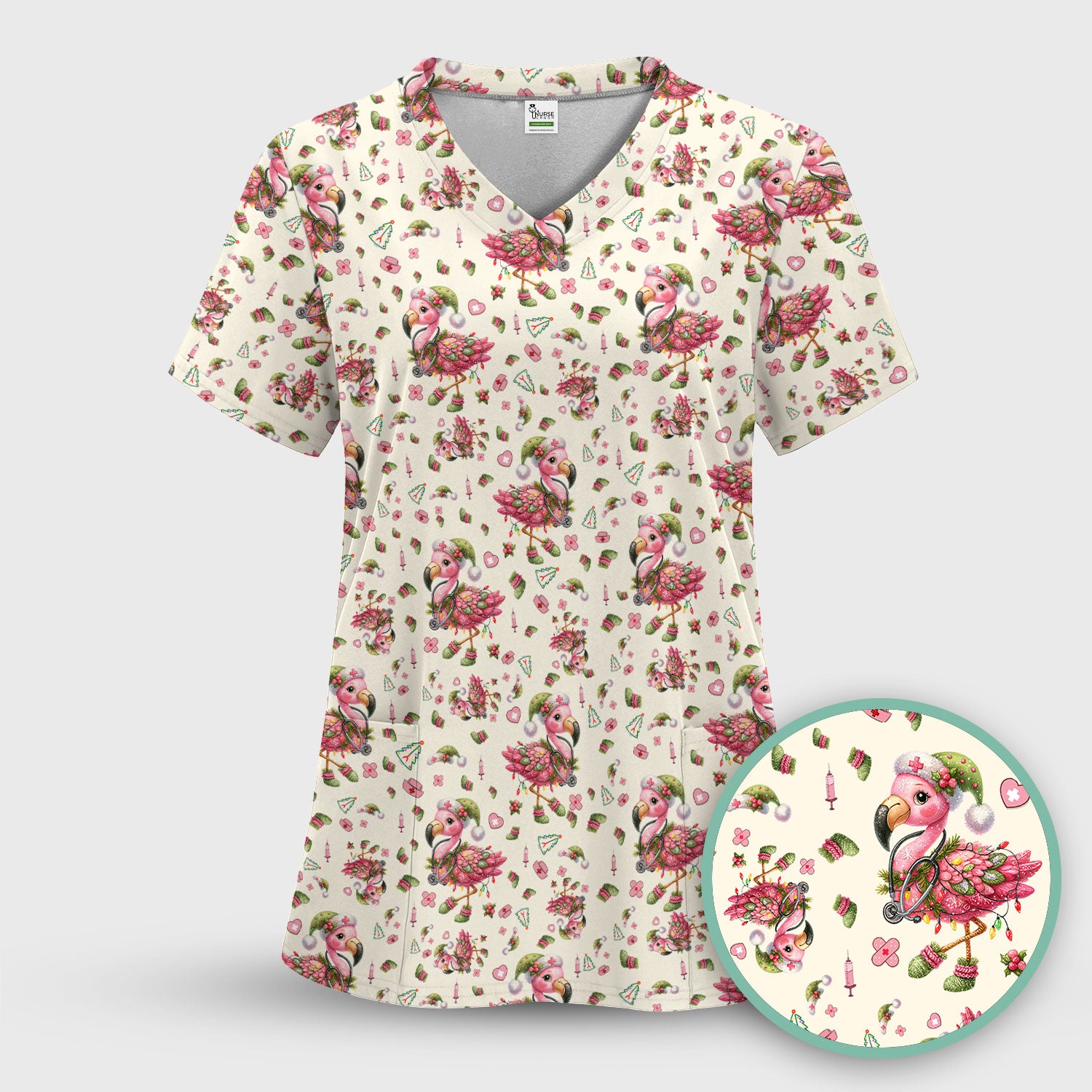 Flamingo Scrub Top for Nurse - Funny Christmas Medical Shirt - Holiday Christmas Gift for Healthcare Workers