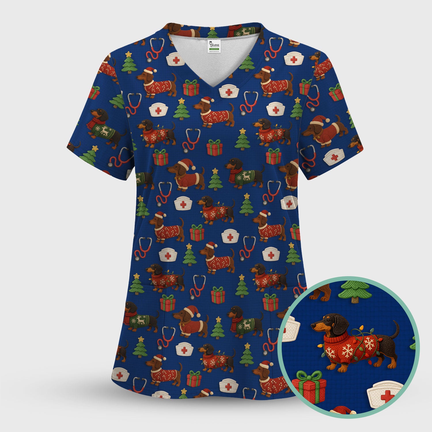 Christmas Nurse Scrubs for Women - Cute Dachshund Dog Print with Holiday Gifts & Trees - Custom Multi Color Nursing Shirt Gift