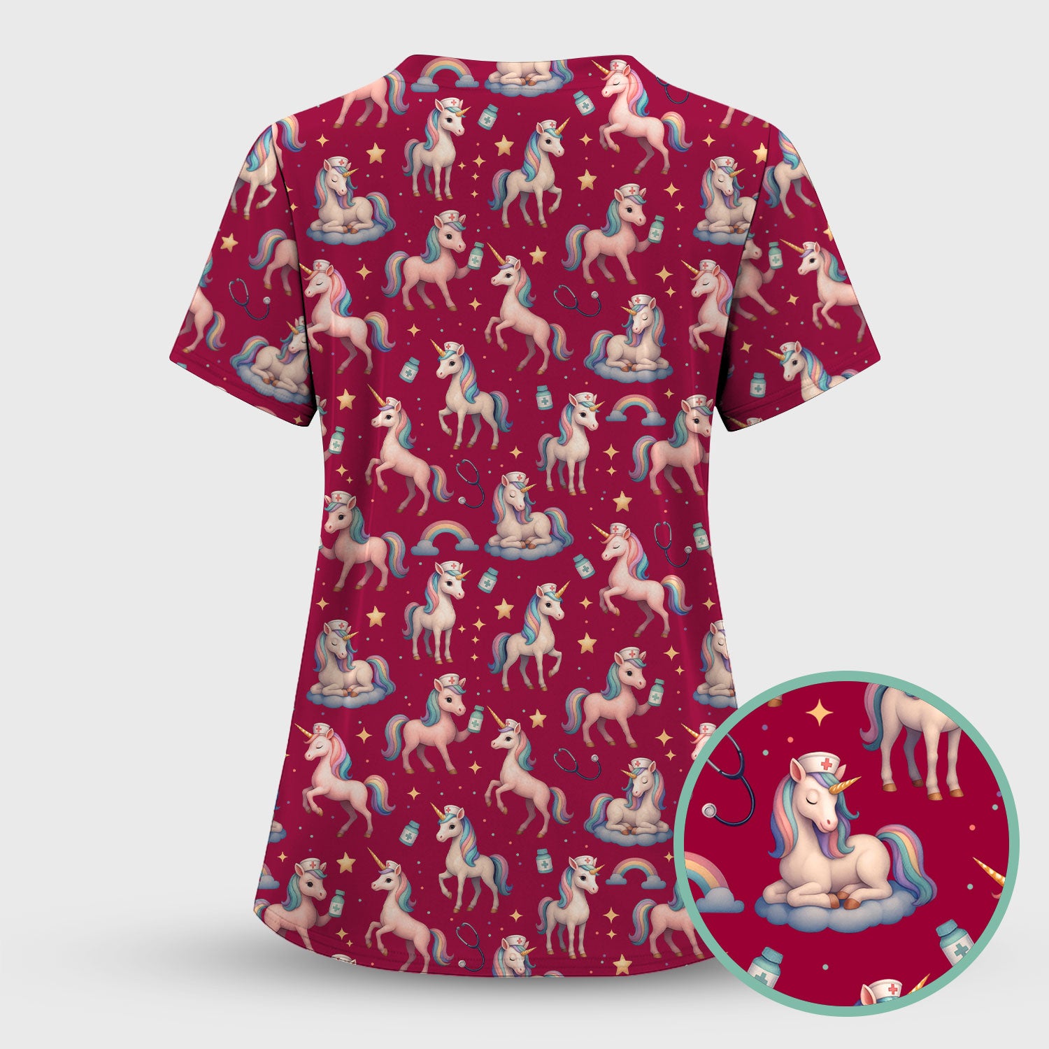 Unicorn Pattern Nurse Scrub Top - Pastel Rainbow Medical Shirt - Cute Fantasy Scrubs Gift for RN LPN CNA Healthcare Staff