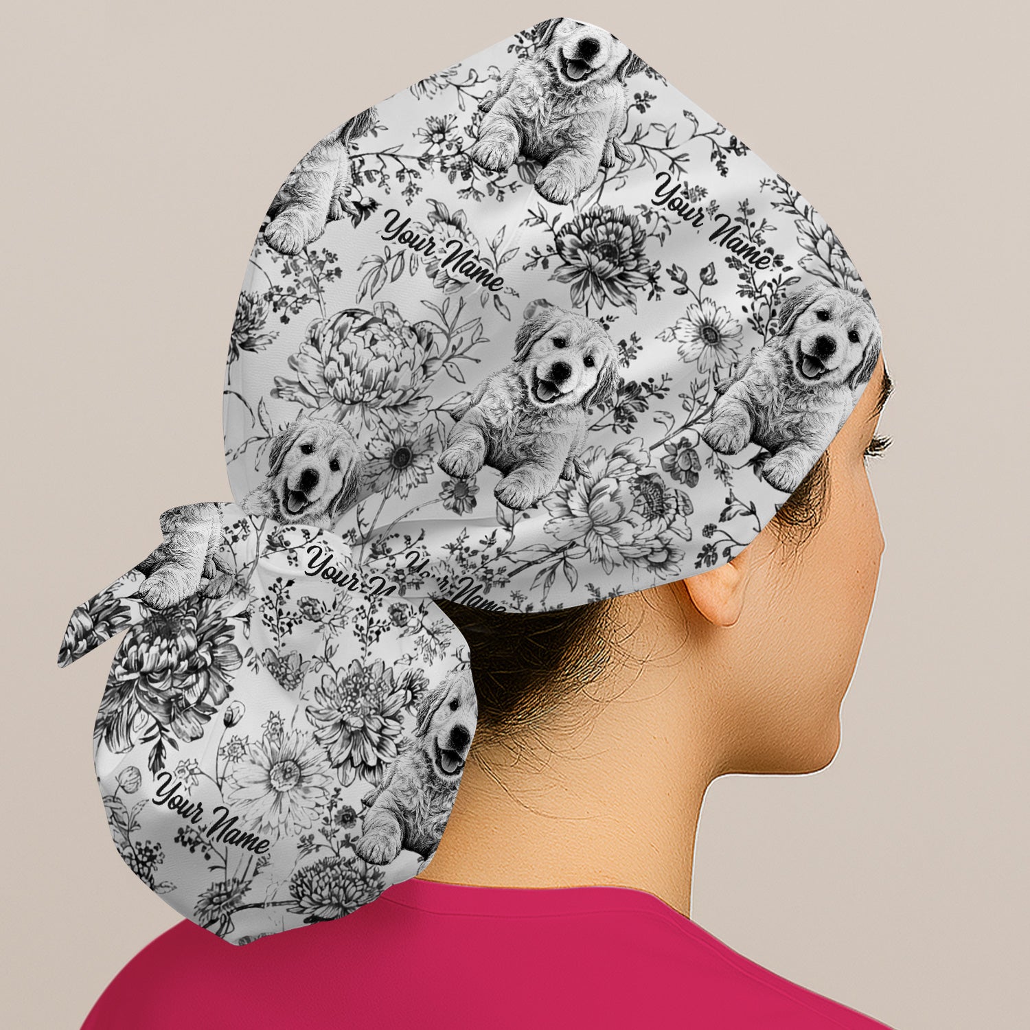 Personalized Custom Pet Photo Name Floral Pattern Scrub Cap, Surgical Caps for Doctors