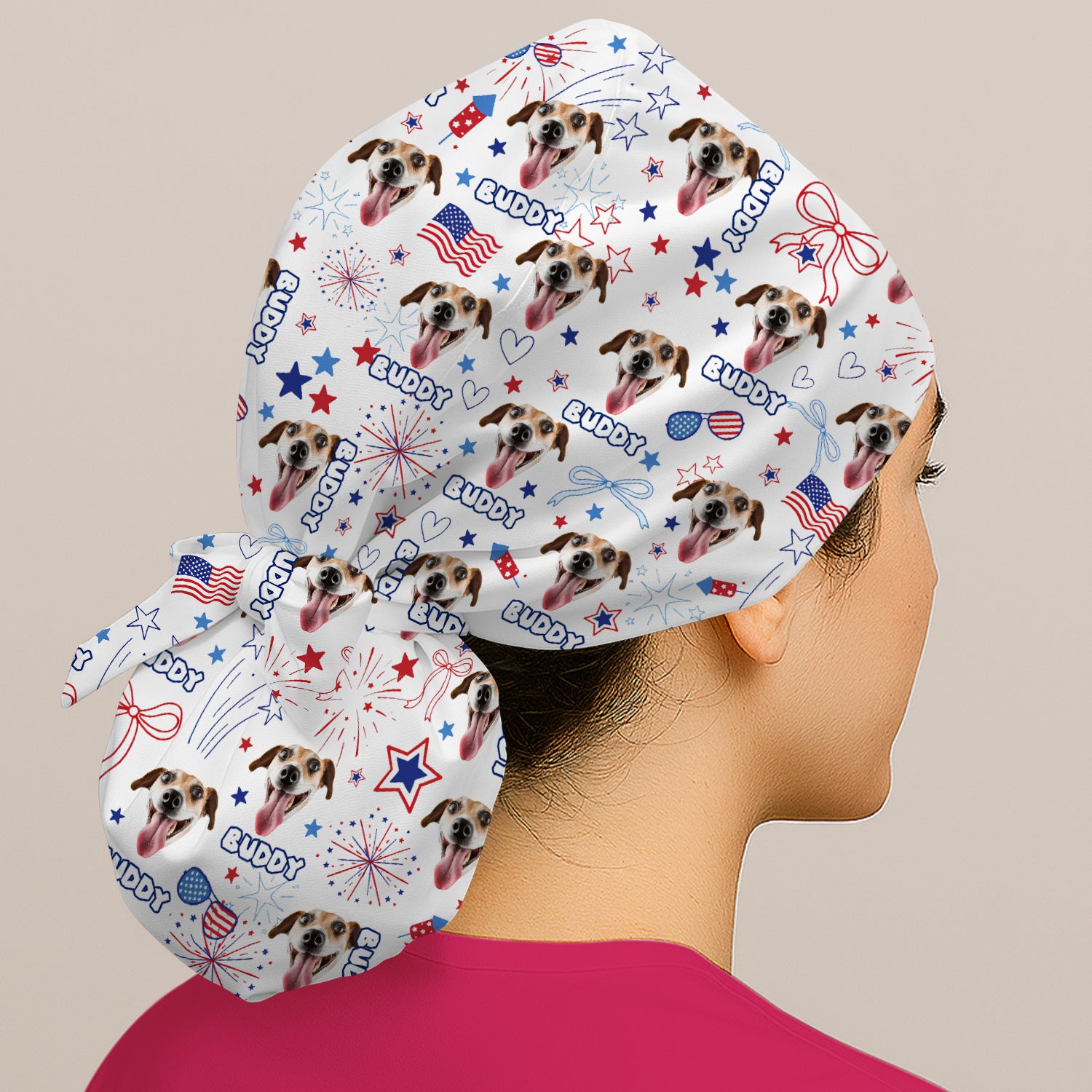 Personalized Patriotic Dog Face Name Pattern Scrub Cap, Surgical Caps for Doctors