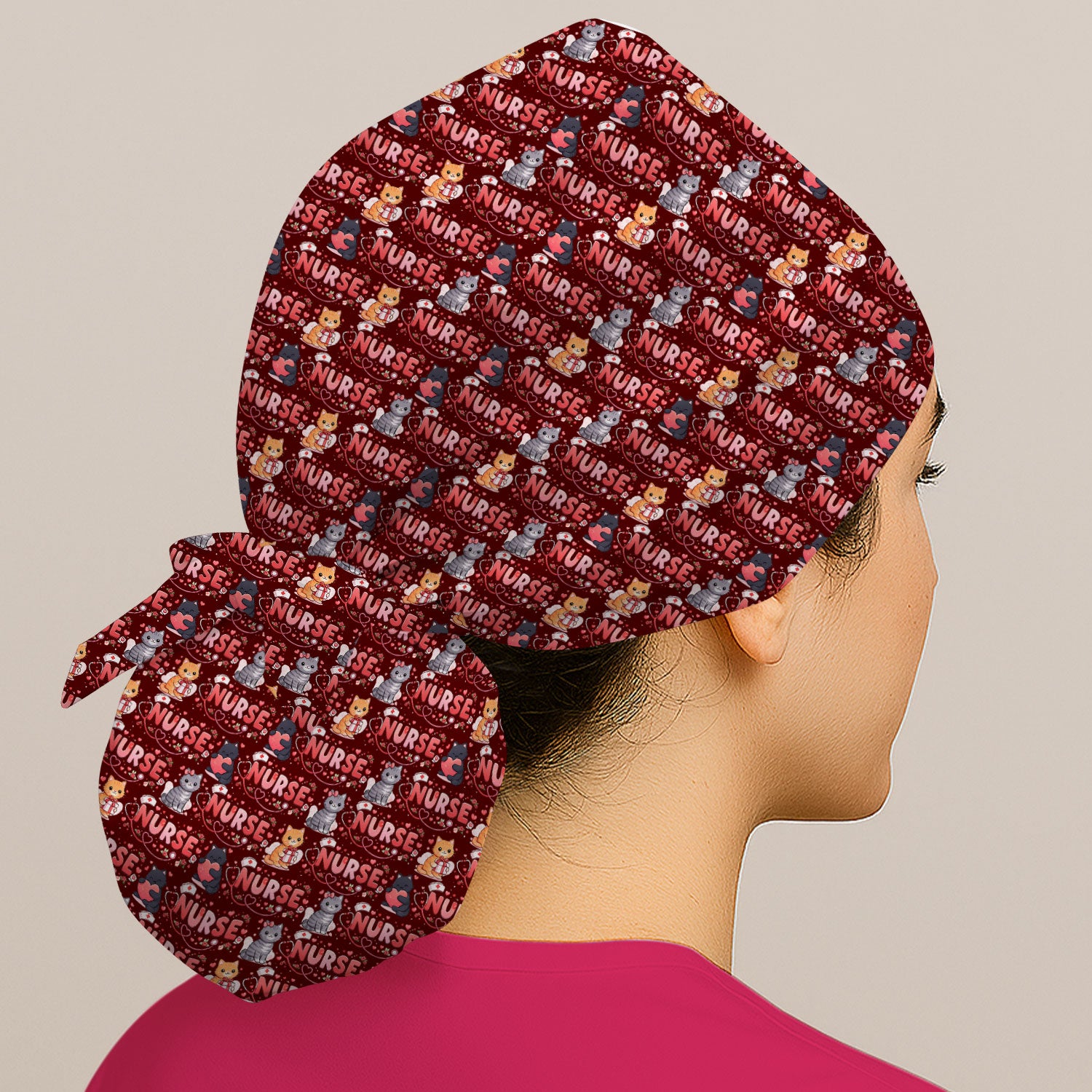 Nurse Cat Heart Pattern Valentine Scrub Cap, Bouffant Scrub Caps for Women