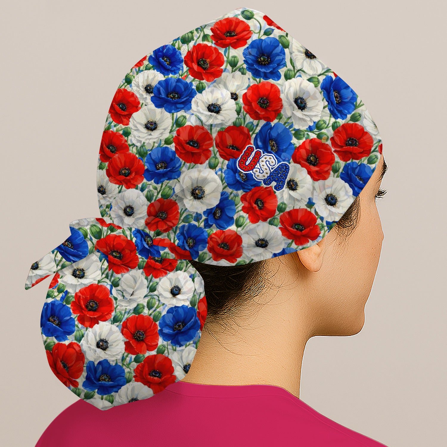Festive Patriotic Red Blue Poppy Floral Pattern Nurse Scrub Cap, Surgical Caps for Doctors