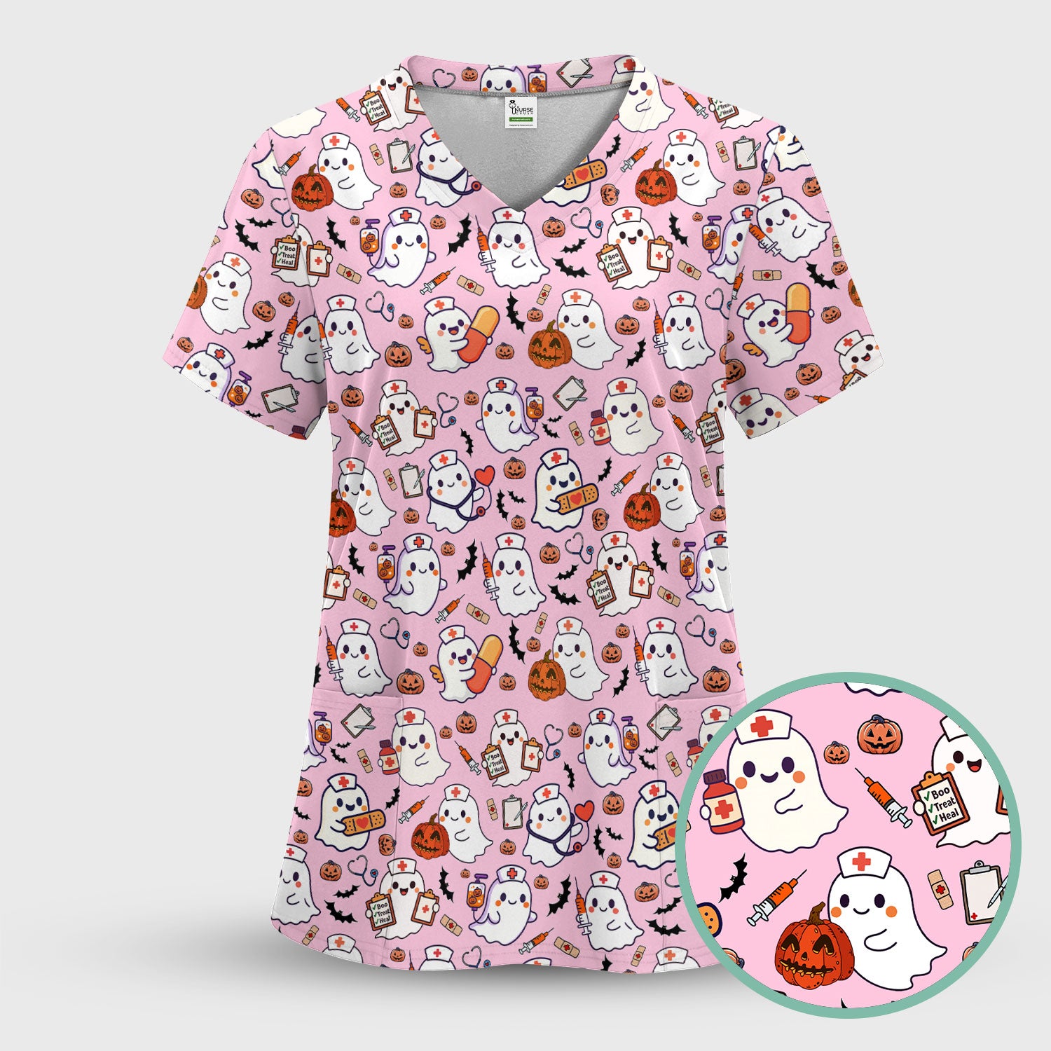 Halloween Women's Scrub Sets - Comfortable Scrubs for Nurses - Pumpkin Ghost Scrub Pants and V Neck Top - Breathable Med Uniform
