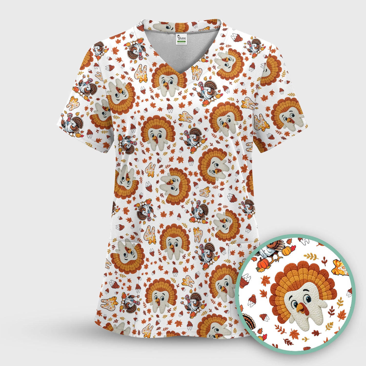 Funny Thanksgiving Tooth Scrub Top - Cute Turkey Dental Nurse Shirt - Fall Medical Uniform for Hygienists & Nurses