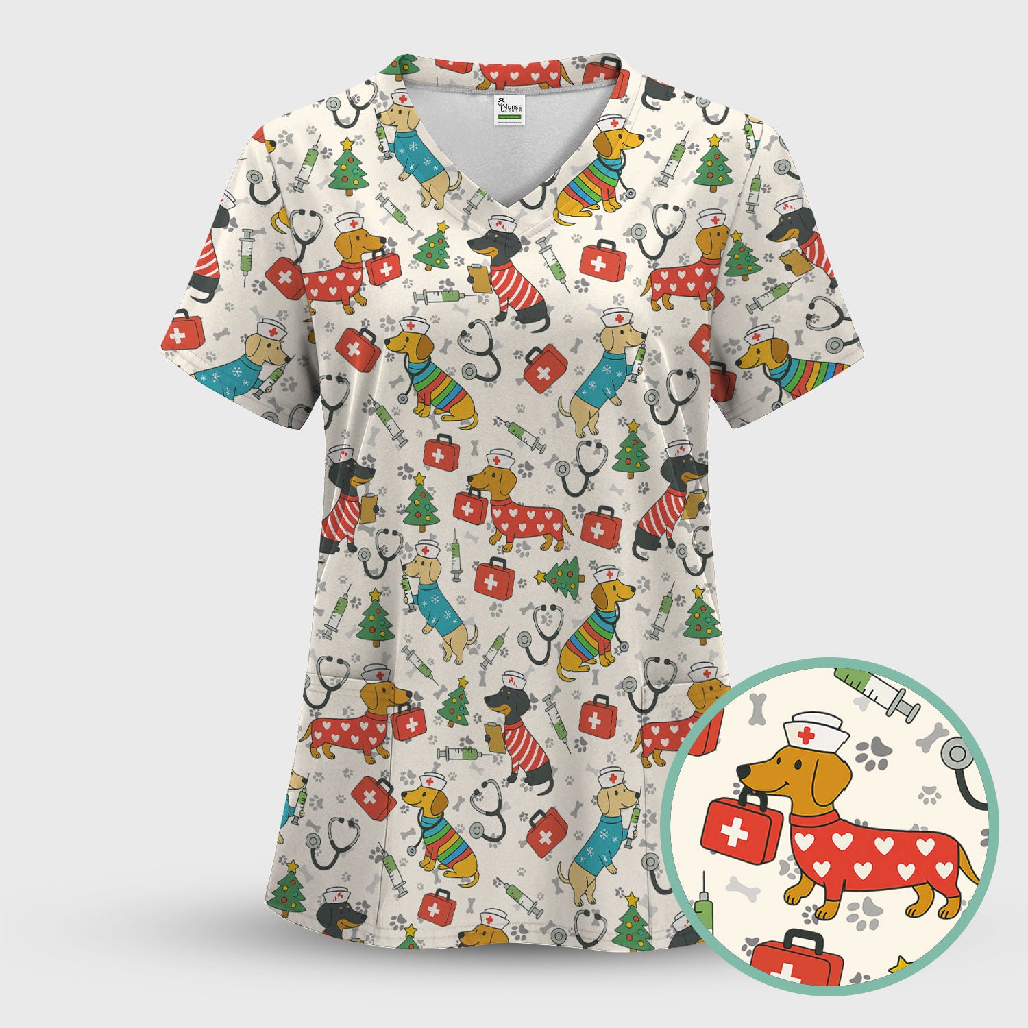 Christmas Dachshund Scrub Top - Funny Dog Nurse Scrubs Multi Color - Holiday Scrub Shirt Gift for Women Men, CNA, RN, Medical Professional