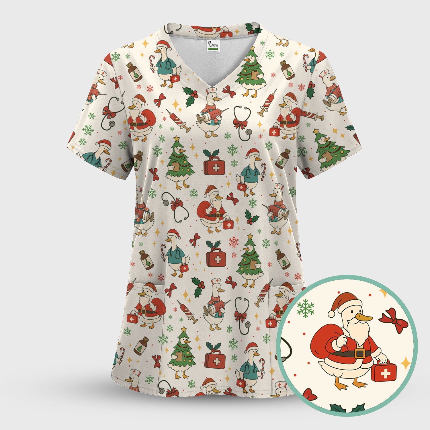Funny Christmas Duck Nurse Scrub Top - Cute Santa Pattern Holiday Shirt for Women - Festive Nursing Outfit Gift for RN LPN CNA