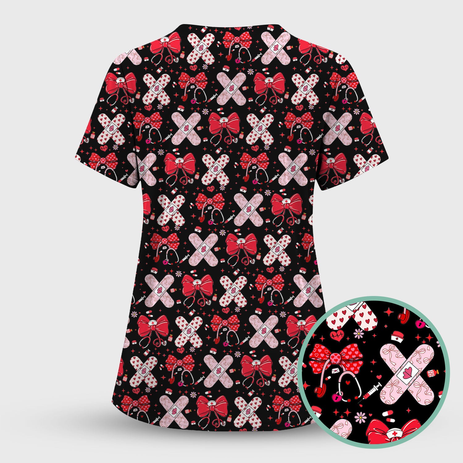 Valentine Nurse Scrub Top, Red Bow And Heart Bandage Pattern Medical Shirt, Breathable Fabrics Nursing Uniform