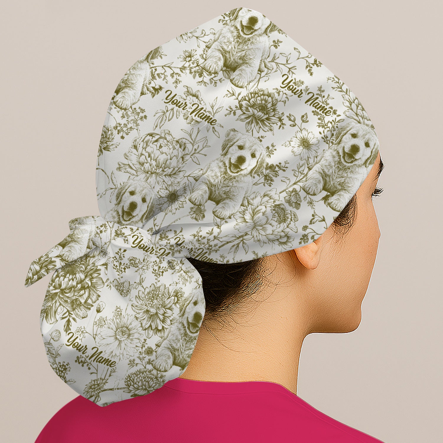 Personalized Custom Pet Photo Name Floral Pattern Scrub Cap, Surgical Caps for Doctors